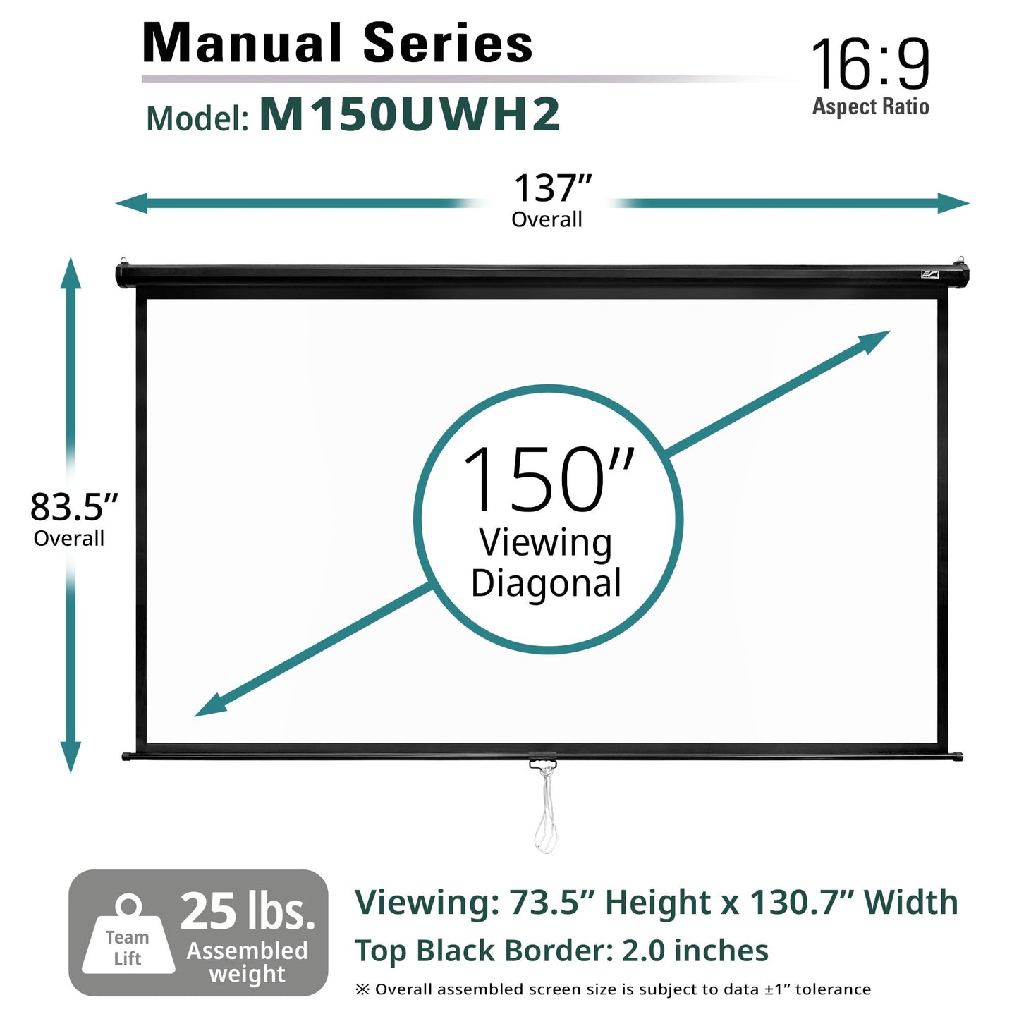 Elite Screens Manual Series, 150-INCH 16:9, Pull Down Manual Projector Screen with AUTO LOCK, Movie Home Theater 8K / 4K Ultra HD 3D Ready, 2-YEAR WARRANTY, M150UWH2