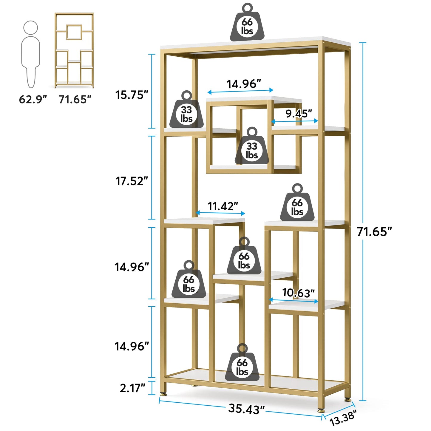 LITTLE TREE 71" Tall Bookshelf, Large Open Display Shelf, Geometric Cubed Bookcase, Modern Book Shelf with Storage Shelves for Office, Living Room, Bedroom, Gold & White