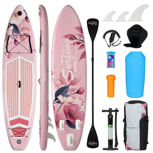 YUSING Inflatable Paddle Board with Seat, 11' x 33'' x 6" SUP, Extra Wide Paddle Boards for Adults, Non-Slip Deck Stand Up Paddle Board with Kayak and SUP Accessories, 3 Removable Fins (Pink Flower)