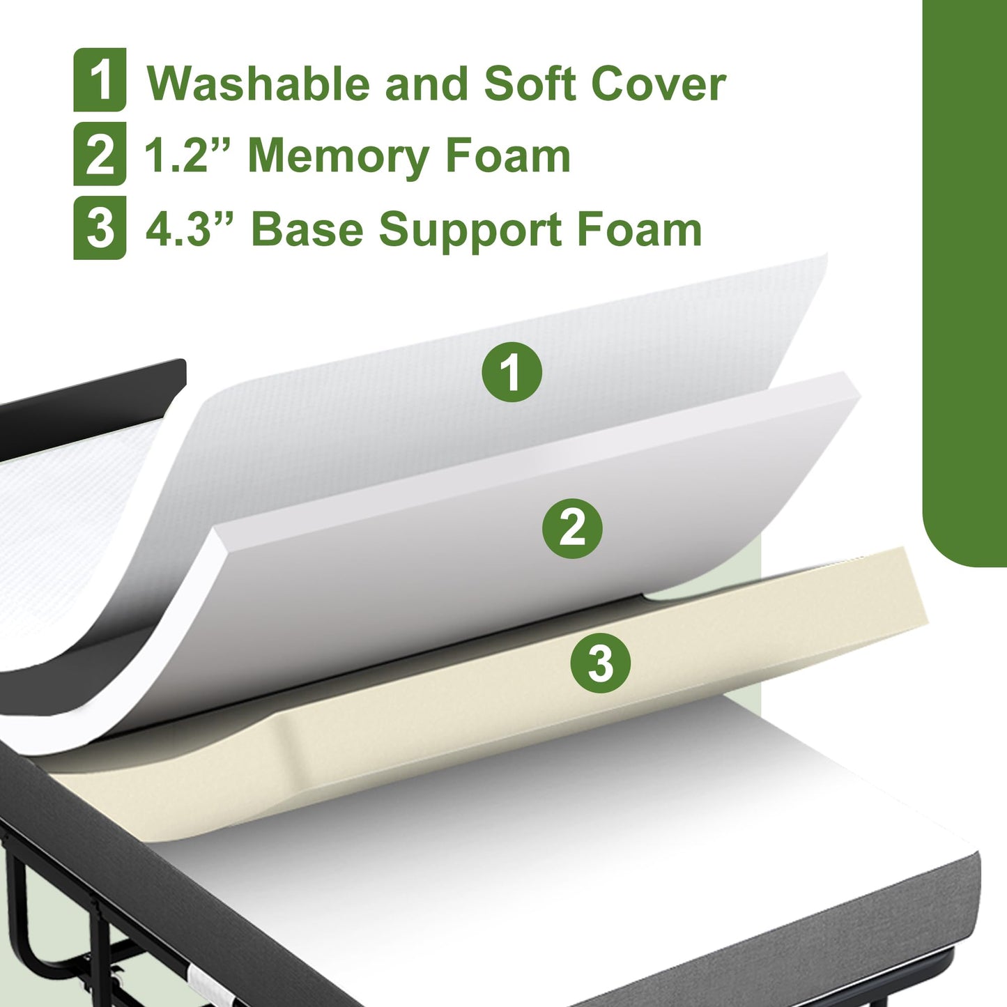 FLIXELIO Folding Bed with Mattress for Adults, 75" x 46" Rollaway Guest Bed with 5" Memory Foam and Adjustable Headboard, Heavy-Duty Steel Bed Frame Supports 500LBS, Foldable Bed with Lockable Wheels