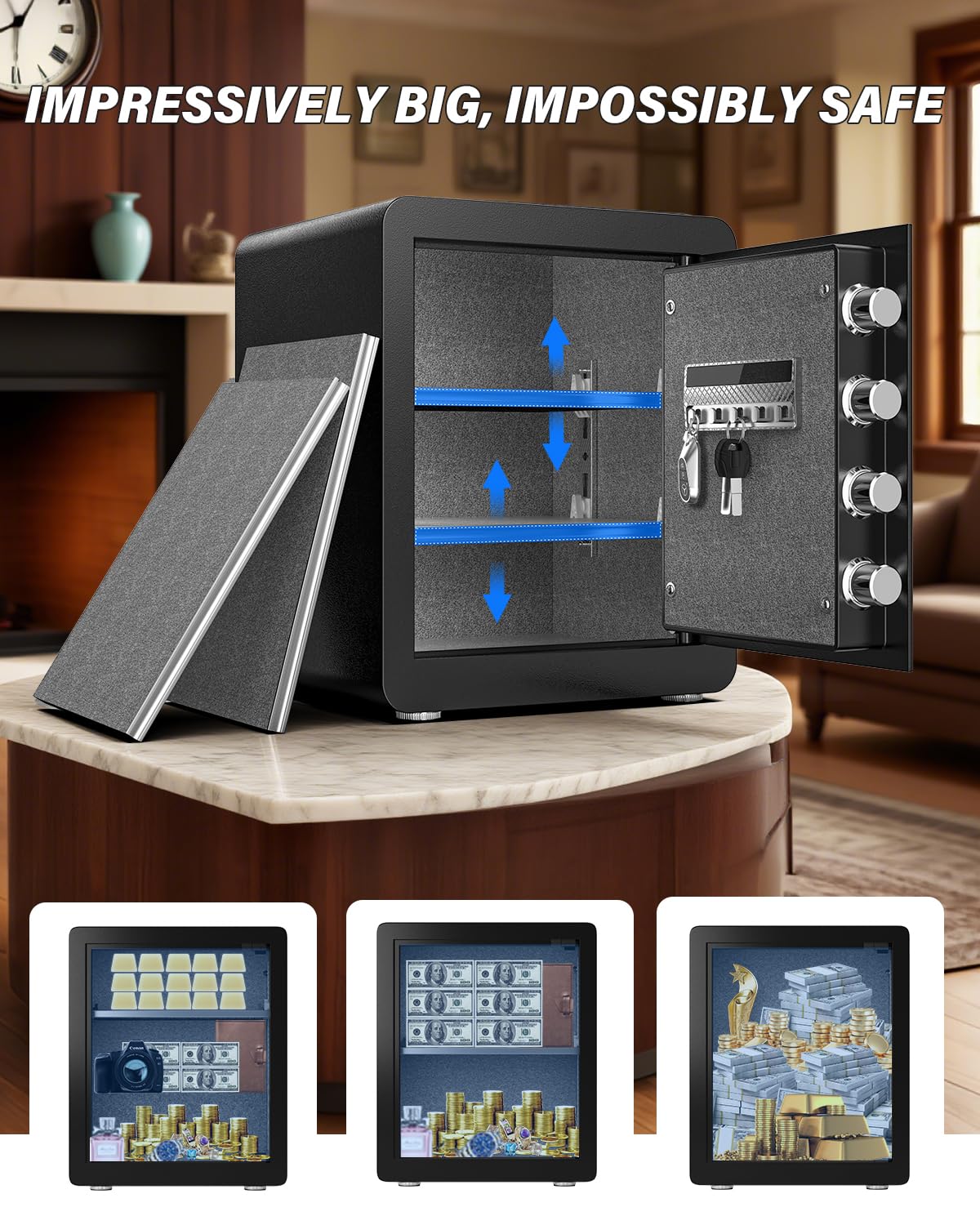 Kavey 2.0 Cub Safe Box, Steel Security Safe and Lock Box with Backlit Touch Screen Keypad, Dual Alarm System, Mute Function and LED Light for Home Office 12.6"D x 14.96"W x 17.72"H
