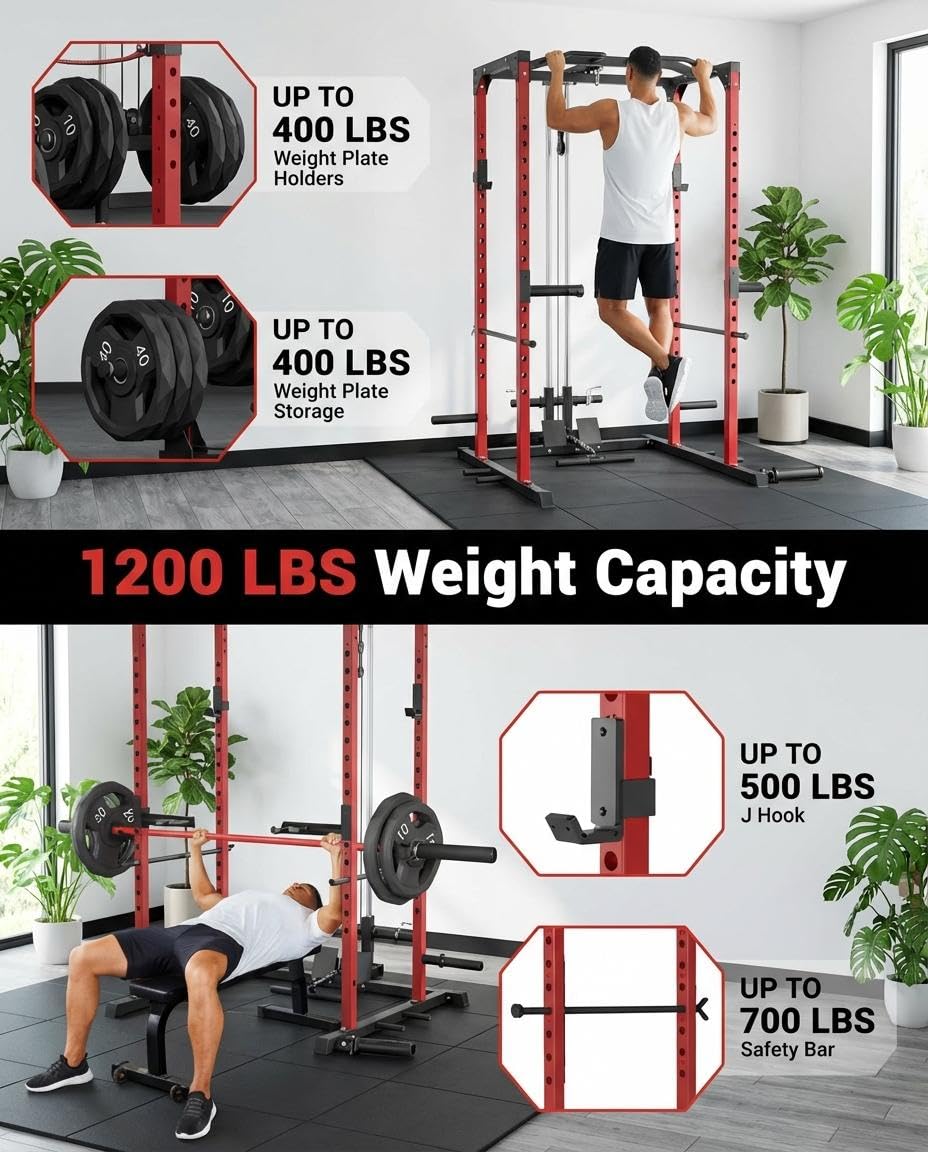 ExploreHorizon All-in-1 Power Cage with Pulley System, 1200LBS Multi-Functional Squat Rack for Home Gym, Weight Cage Includes LAT Pulldown, Dip Bars and More Attachments