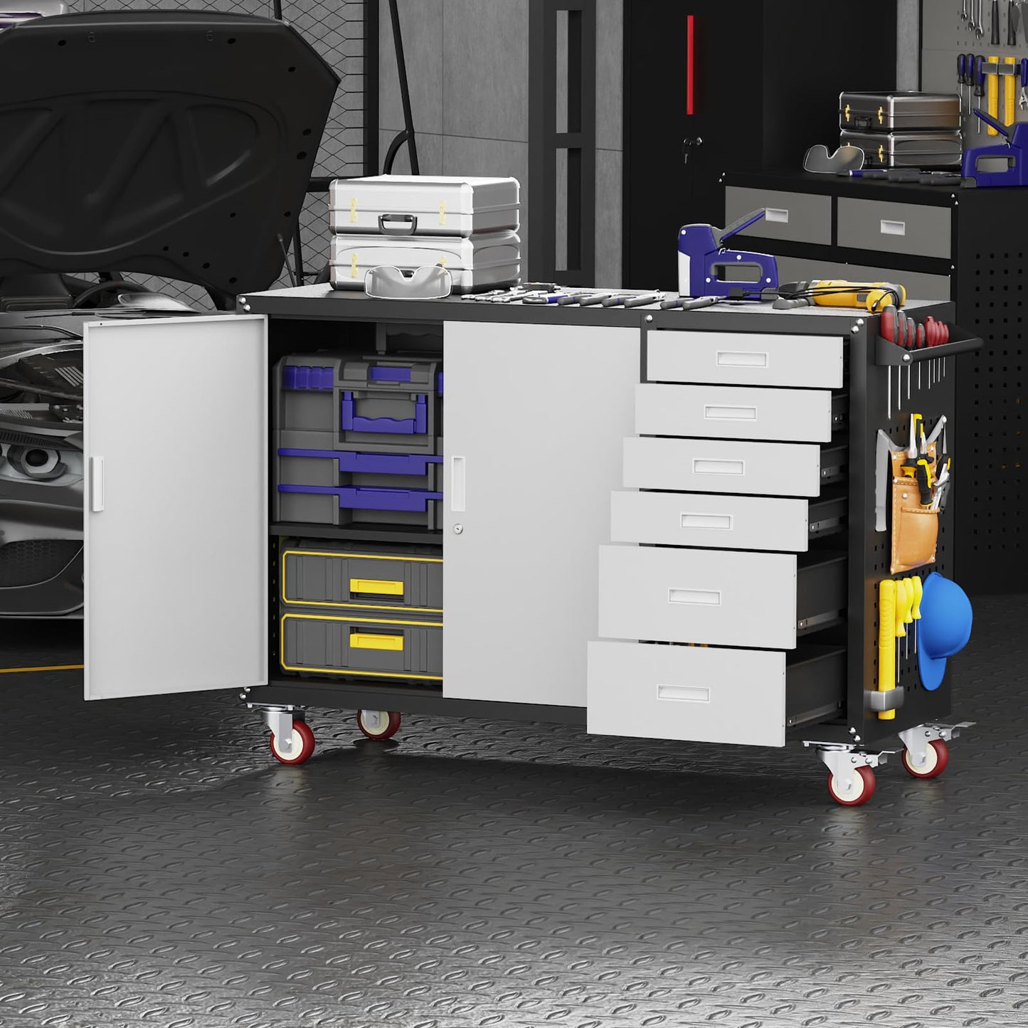 Eltean 55" W Rolling Workbench with 6 Drawers and Storage Cabinet,1000 LB Capacity Heavy Duty Work Bench with Pegboard and Adjustable Shelf,Garage Workbench with Wheels for Repair Shop/Workshop