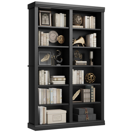 Garvee 74.5" Tall Bookshelf with Double Storage, 6-Tier Large Bookshelf, Double Wide Bookshelves w/ 12 Cubbies, Wide Freestanding Bookcases for Livingroom Office Library (Blcak, 74.5"H*46.1"W*12.4"D)