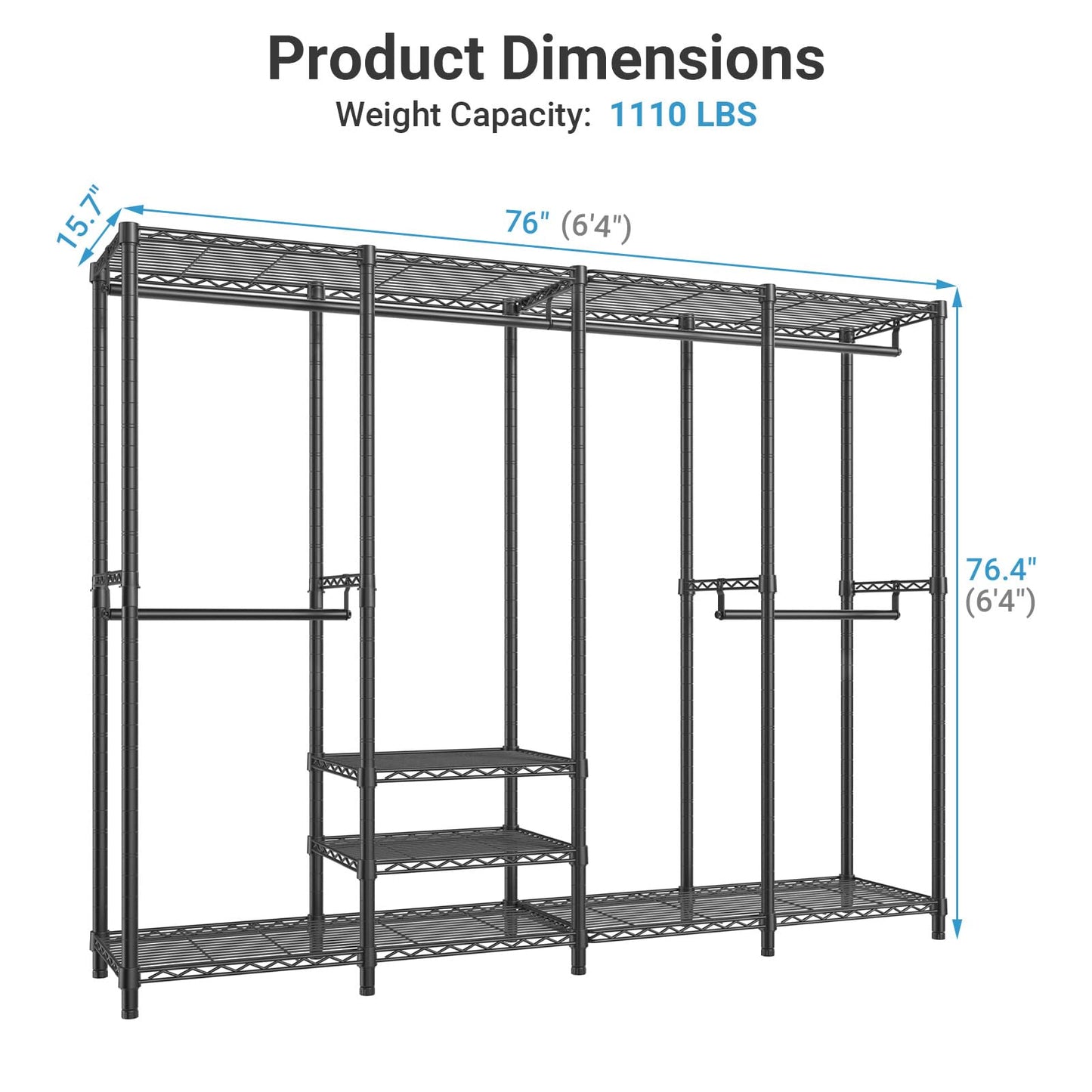 VIPEK V40 Heavy Duty Clothes Rack, 1110lbs Capacity Sturdy Metal Garment Rack, Clothing Rack with 6 Shelves & 4 Hang Rods, Adjustable Open Wardrobe Closet Organizer for Bedroom/Apartment/Retail, Black