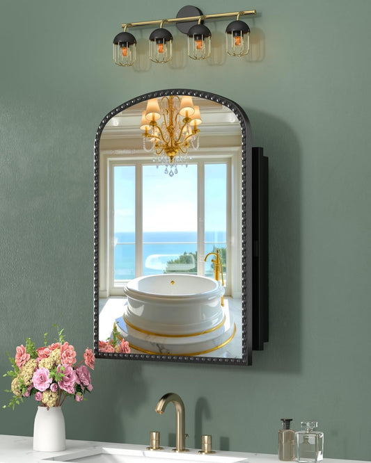 20"x28" Black Medicine Cabinet for Bathroom, Surface Mount or Recessed Medicine Cabinets with Storage and Arched Mirror , All-Metal Daisy Decor Frame, Includes 2 Adjustable Shelves and 1 Organizer