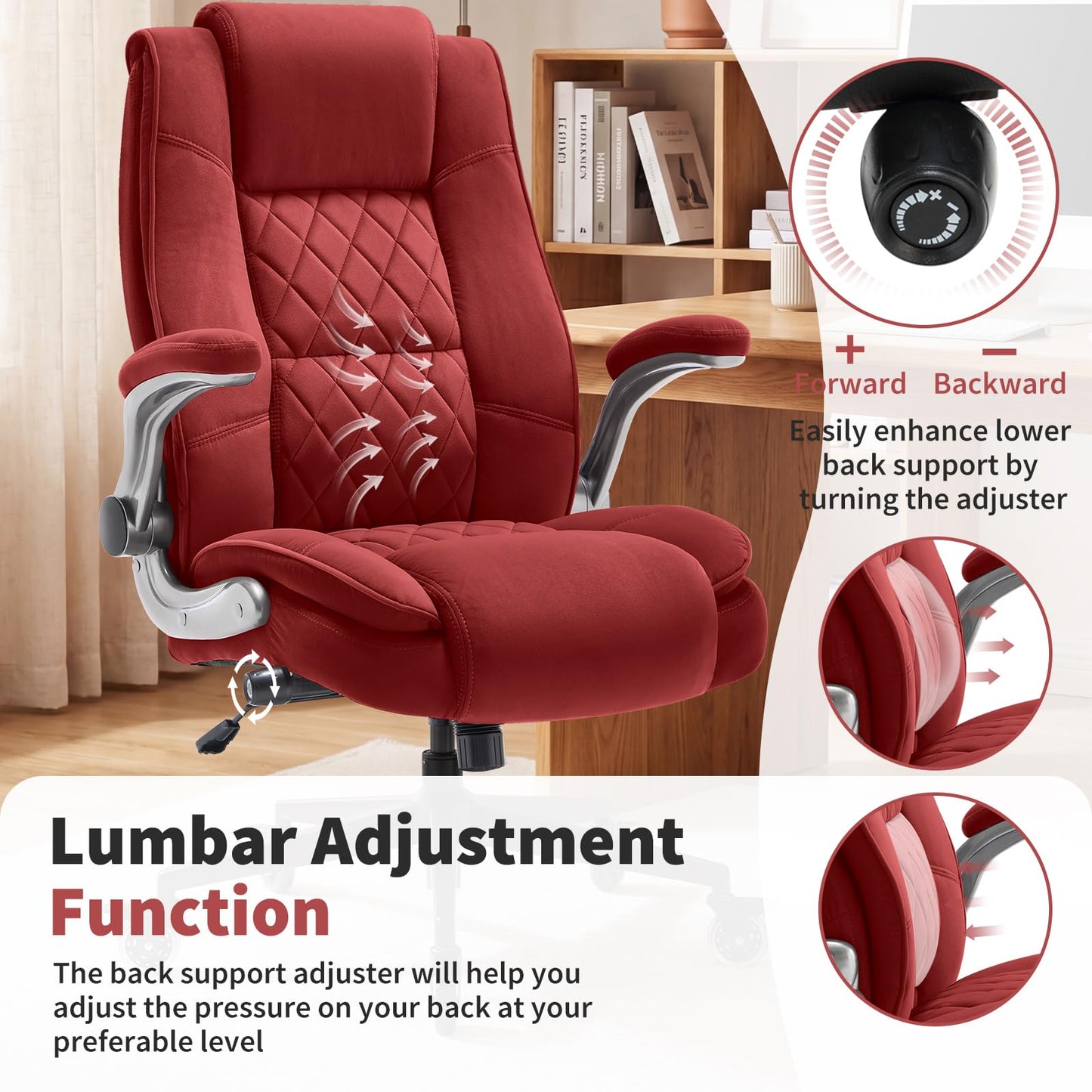 Fabric High Back Office Chair with Lockable Quiet Casters, Thick Padded Ergonomic Computer Chair- Adjustable Lumbar Support & Flip-Up Arms, Wide Executive Desk Chair for Back Pain, 400LBS Capacity