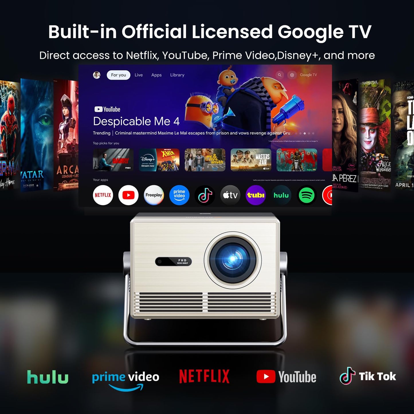 2000 ANSI Official Licensed Google TV Outdoor Projector 4K Full HD, Smart Projector with Wifi and Bluetooth, Auto Focus, Dolby Sound,Built-in Apps,HAPPRUN Indoor Home Theater for Phone/TV Stick/PC/PS5