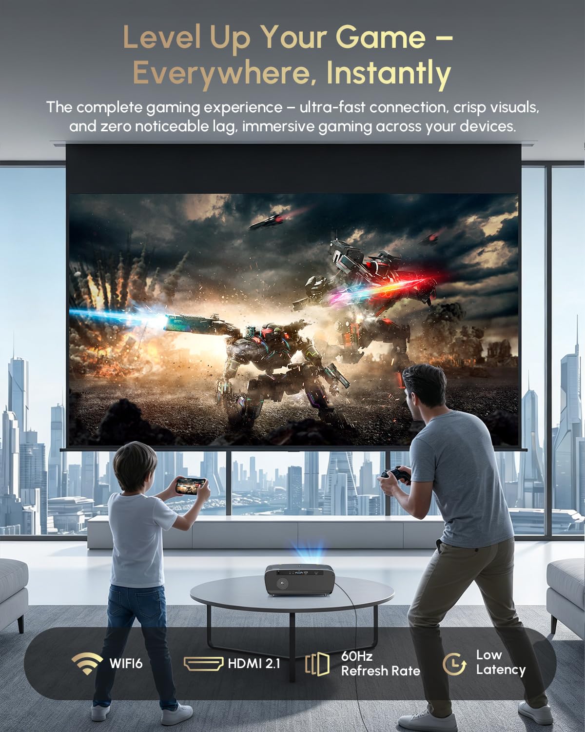 Smart Projector 4K with Google TV, 2400 ANSI Lumens Daytime Viewing, HDR10, NFC, WiFi 6,Bluetooth 5.4, DB Audio, HDMI ARC 2.1,Auto Focus&Keystone,Zoom,Ceiling Mount Home Theater Movie&Gaming Projector