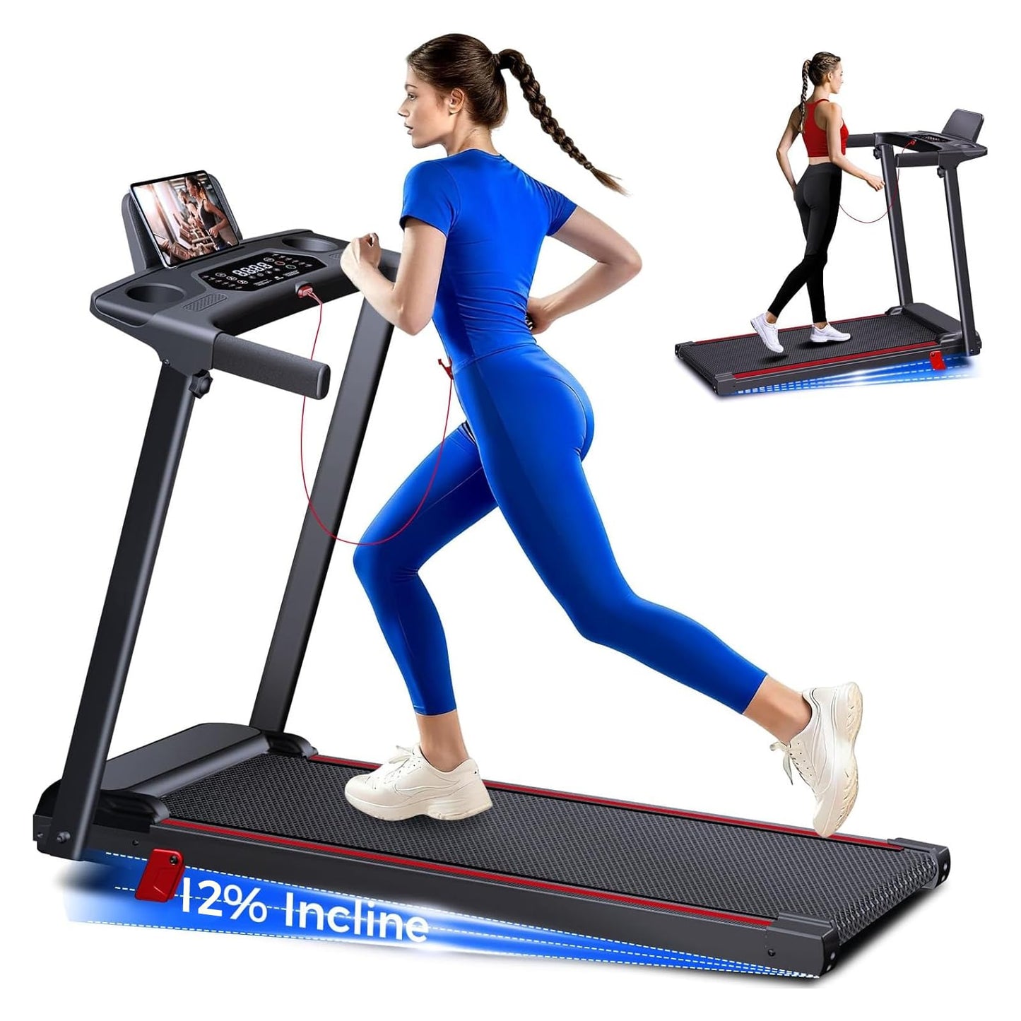 Treadmills for Home 3.0HP Quiet Foldable Treadmill with Incline, Portable Walking Pad with Handle Bar, Walking Pad Treadmill for Running and Jogging with 330 LBS Capacity