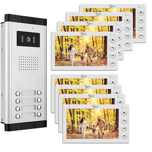 Video Intercom System,7 inch Monitor Wired Video Door Kit,Indoor Outdoor Camera Intercom System,Outdoor IR Camera Doorbell,ID Card Unlocking,Monitoring,2-Way Audio (1 Doorbell + 8 Monitor)