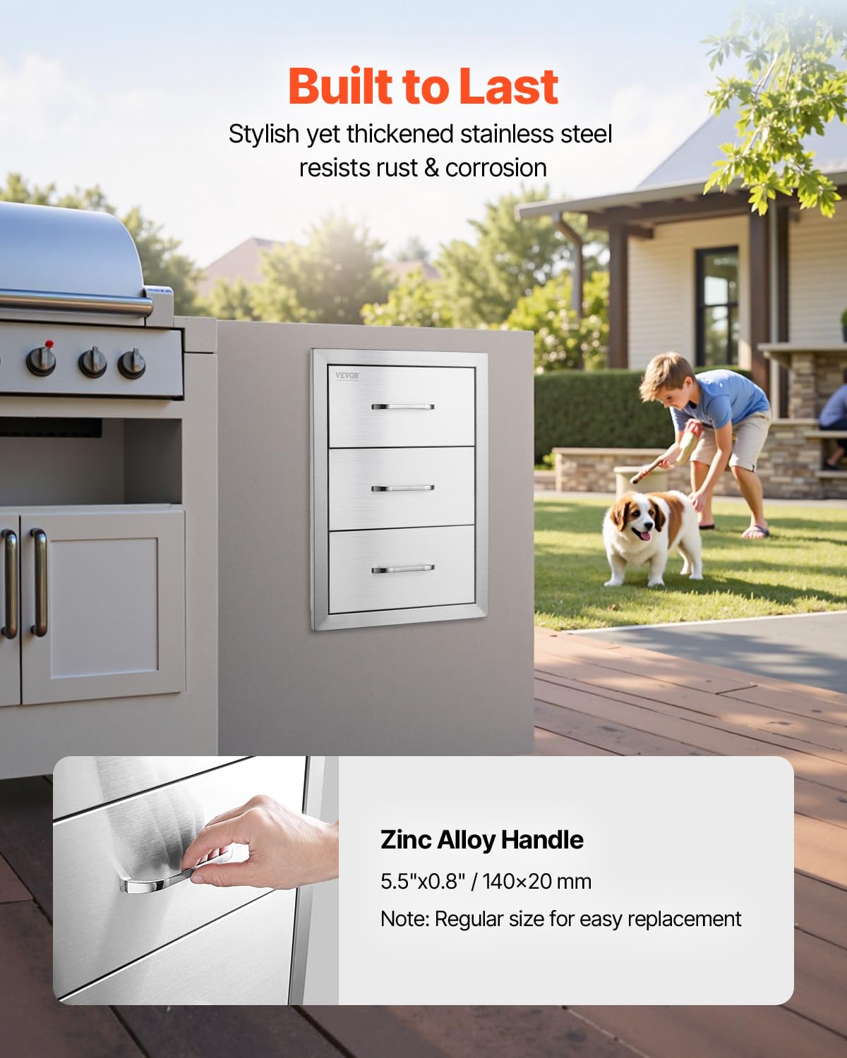 VEVOR Outdoor Kitchen Drawer 16" W x 21.5" H x 18" D, Outdoor Kitchen Cabinets, BBQ Drawer Stainless Steel, Flush Mount Triple Access, with Handle, BBQ Island, Outdoor Grill Patio Grill Station