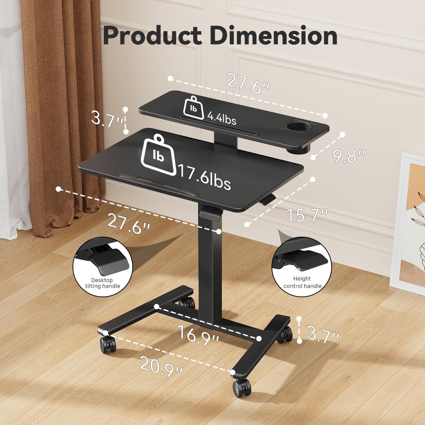 Liftsync 28Inch Rolling Standing Desk On Wheels， Small Computer Workstation Adjustable Height， Mobile Laptop Stand with Tiltable Desktop， 2-Tier Portable Study Table with Storage Shelves， Black
