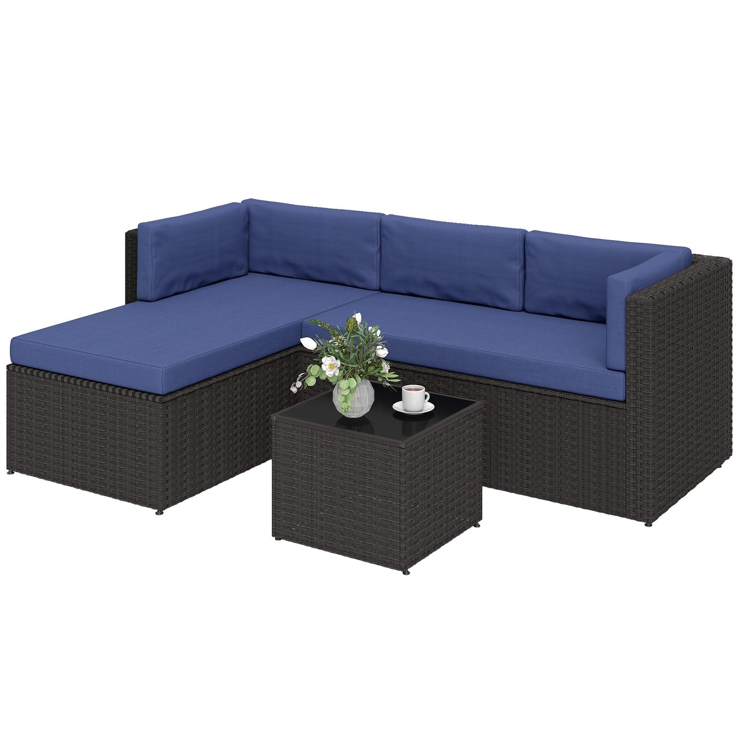 Outsunny 3 Piece Patio Furniture Set, Wicker Rattan Outdoor Patio Conversation Furniture Set with Cushions, Glass Top Coffee Table, Deep Seating for Garden, Backyard, Porch, Navy Blue