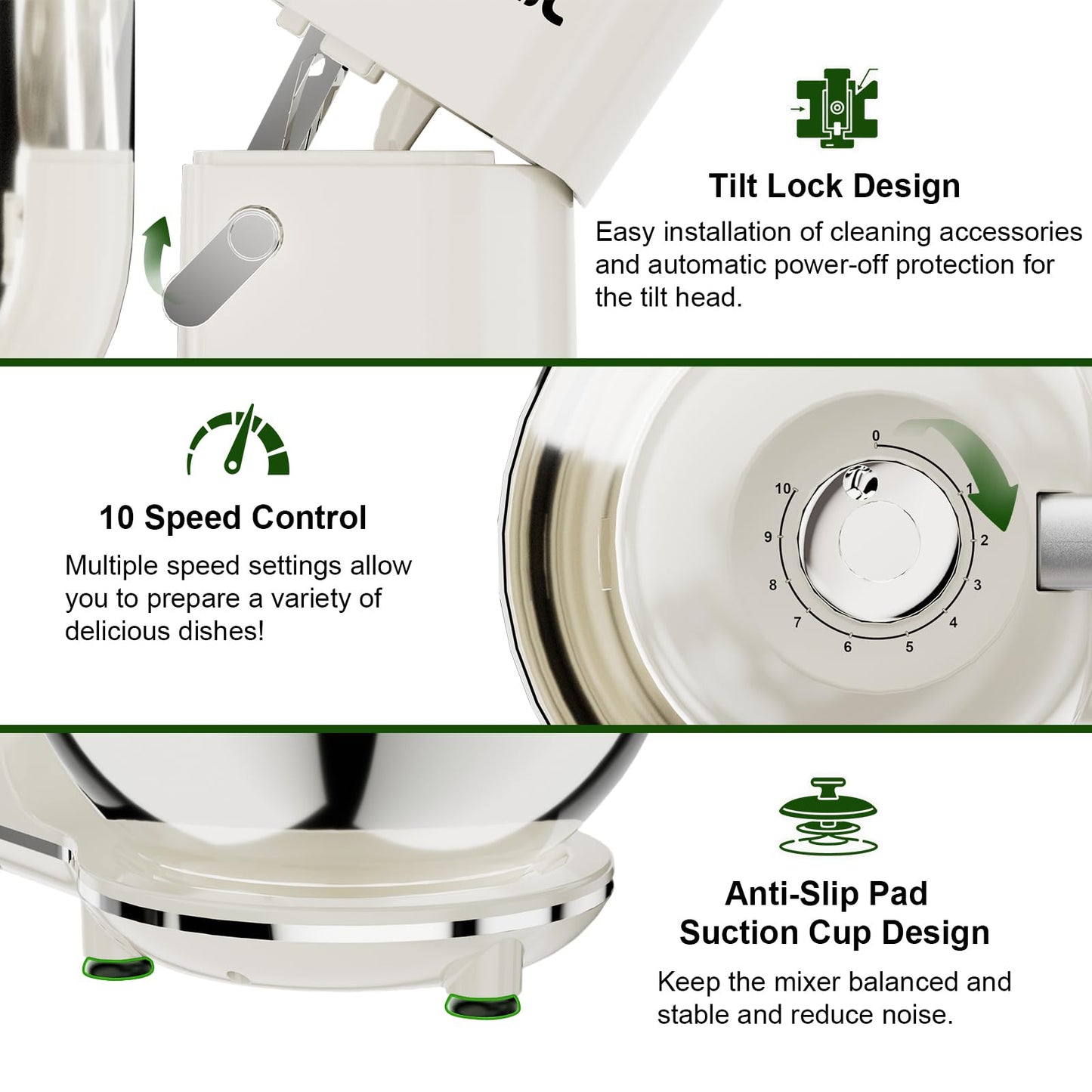 Camic Electric Stand Mixer,7.45 QT,10 Speeds with Dough Hook,Whisk, Flat Beater Attachments, Splash Guard, Easy-Carry Top Handle,3-IN-1 Kitchen Mixer for Baking Cakes Cookie Bread Salad (White)