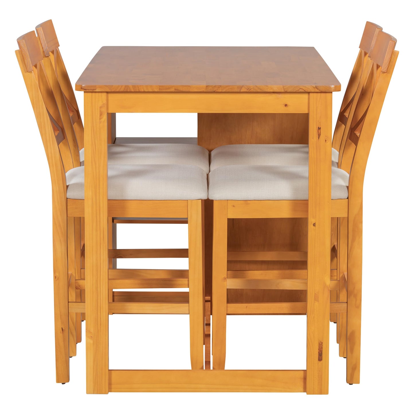 Merax 5 Piece Solid Wood Farmhouse Counter Height Dining Table Set with 3-Tier Storage Shelves,Upholstered Cross-Back Dining Chairs for 4,Rustic Dining Furniture for Kitchen,Dining Room,Brown