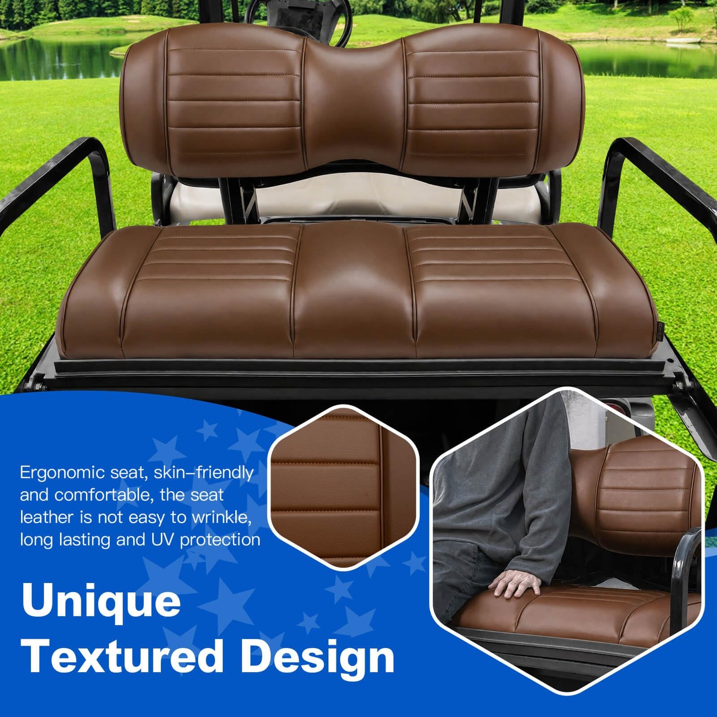 NOKINS Golf Cart Premium Front and Rear Seat Cushion Kit,Seat Back & Seat Bottom Cushion Assembly (Coffee Brown, Fits Aftermarket Standard Rear Seat)