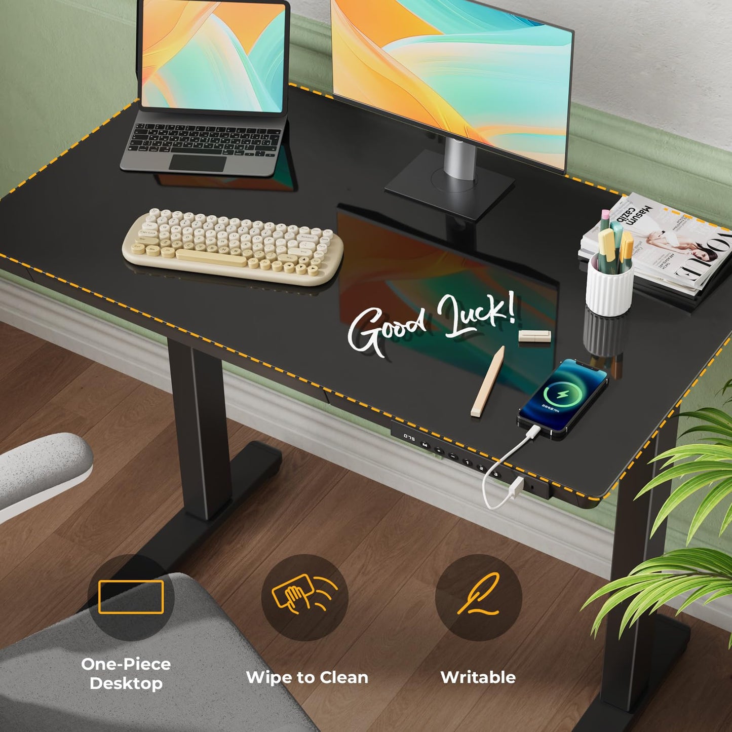 JYLH JOYSEEKER Glass Electric Standing Desk with Drawer, 35" x 20" Whole Piece Tabletop Samll Sit Stand Table, Height Adjustable Workstation with Storage & USB Ports, Quick Install Home Office Desk