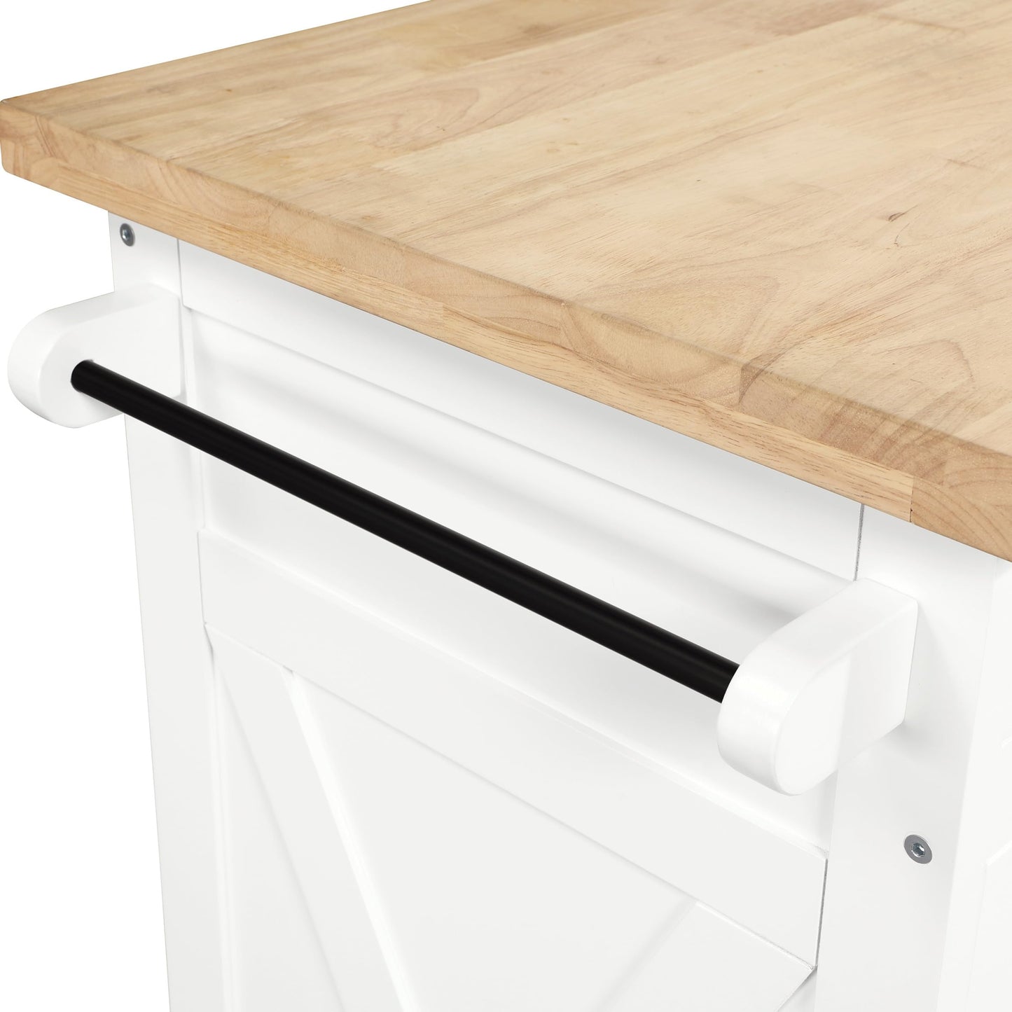 OSP Home Furnishings Bolten Farmhouse Kitchen Cart with Butcher Block Top, Rolling Island with Storage Cabinet and Drawer, 35.5H x 32W x 19D inches, White