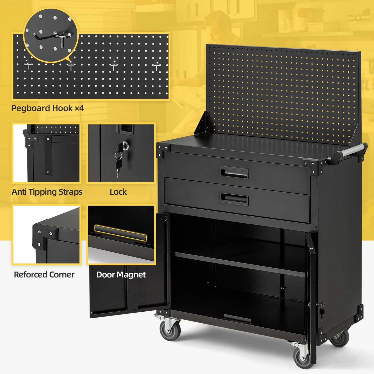 JFHID 52'' Work Bench for Garage with Pegboard Drawers and Cabinets Heavy Duty Metal Frame Tool Bench for Shop Kitchen Cabinets Organizer Work Table with Wheels (Black)
