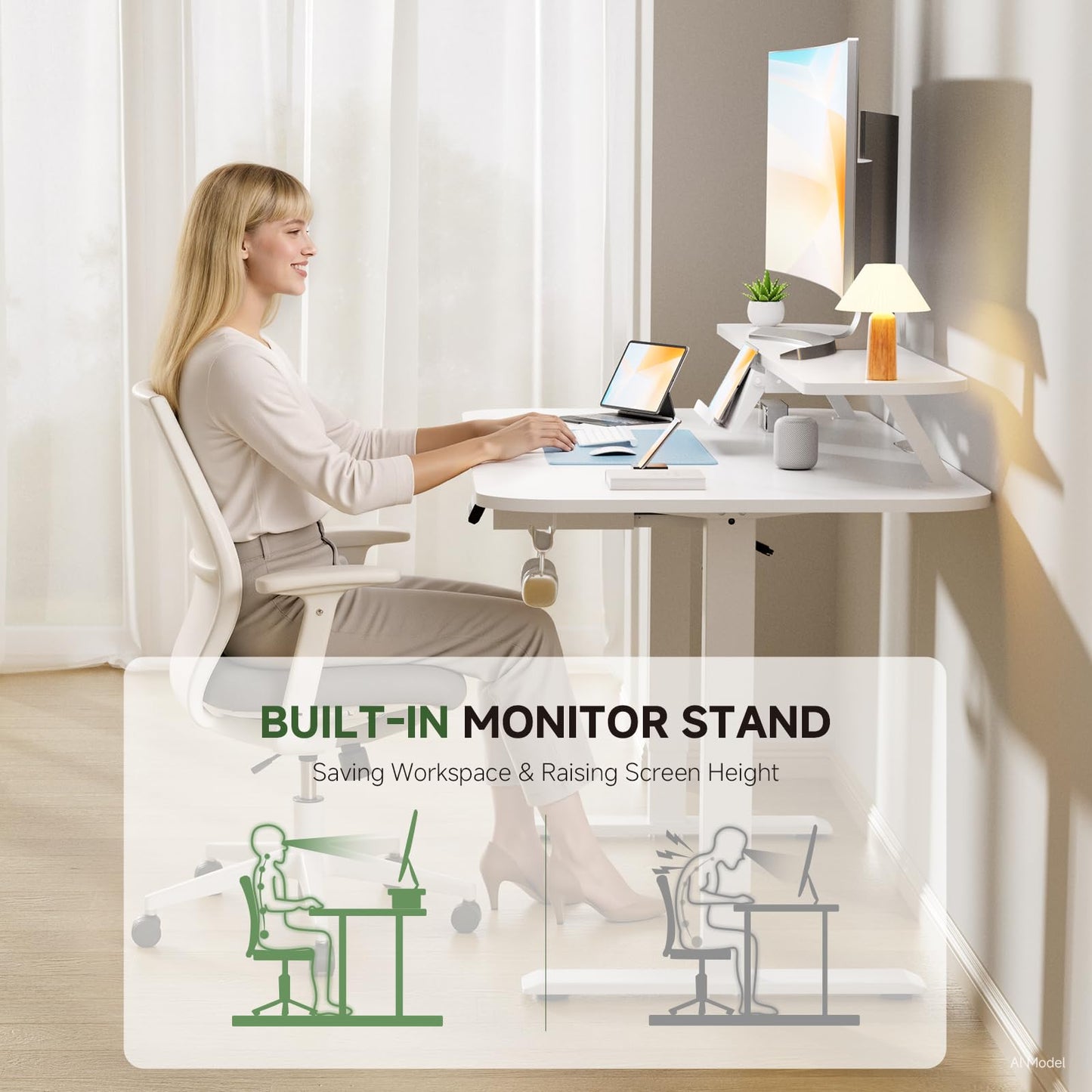 GTPLAYER Electric Standing Desk with Drawers, 48 x 24 Inches Height Adjustable Computer Desk with Monitor Stand, Laptop Stand, Sit Stand up Desk with Memory Preset for Home, Office, Ivory White