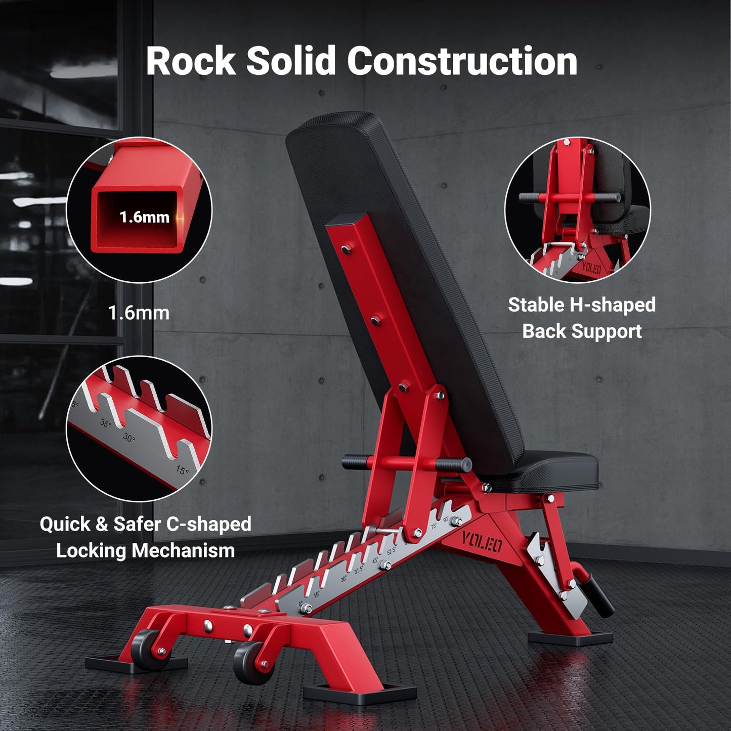 YOLEO Commercial Adjustable Weight Bench 2315LB ASTM Certified – 80% Pre-Assembled Heavy Duty Workout Bench for Home Gym, Decline/Flat/Incline Bench Press, 2.4" Thick Pad & 2 Wheels