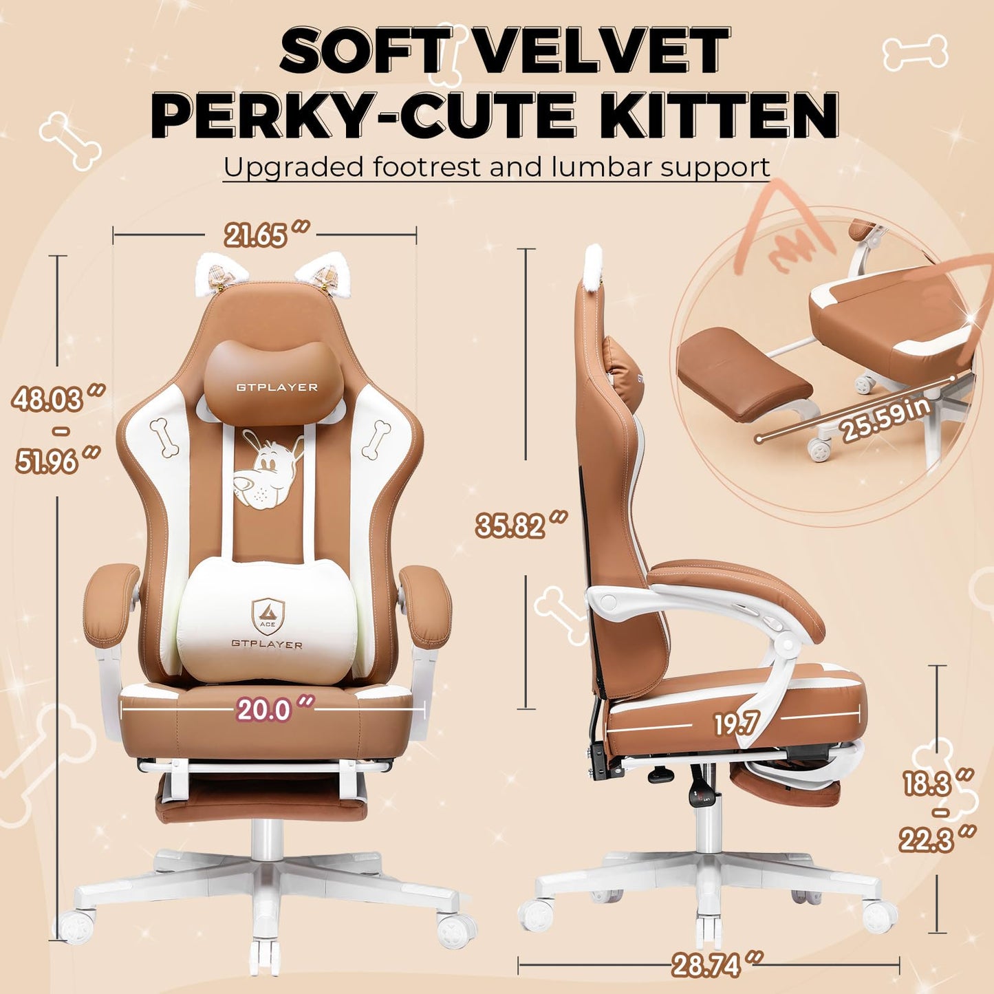 GTPOFFICE Cute Gaming Chair with Cat Ears, Ergonomic Computer Chair with Footrest Cat Paw Lumbar Support Comfortable Reclining Game Chair Desk Chair for Adult Teens, Soft Fabric, Russet Brown
