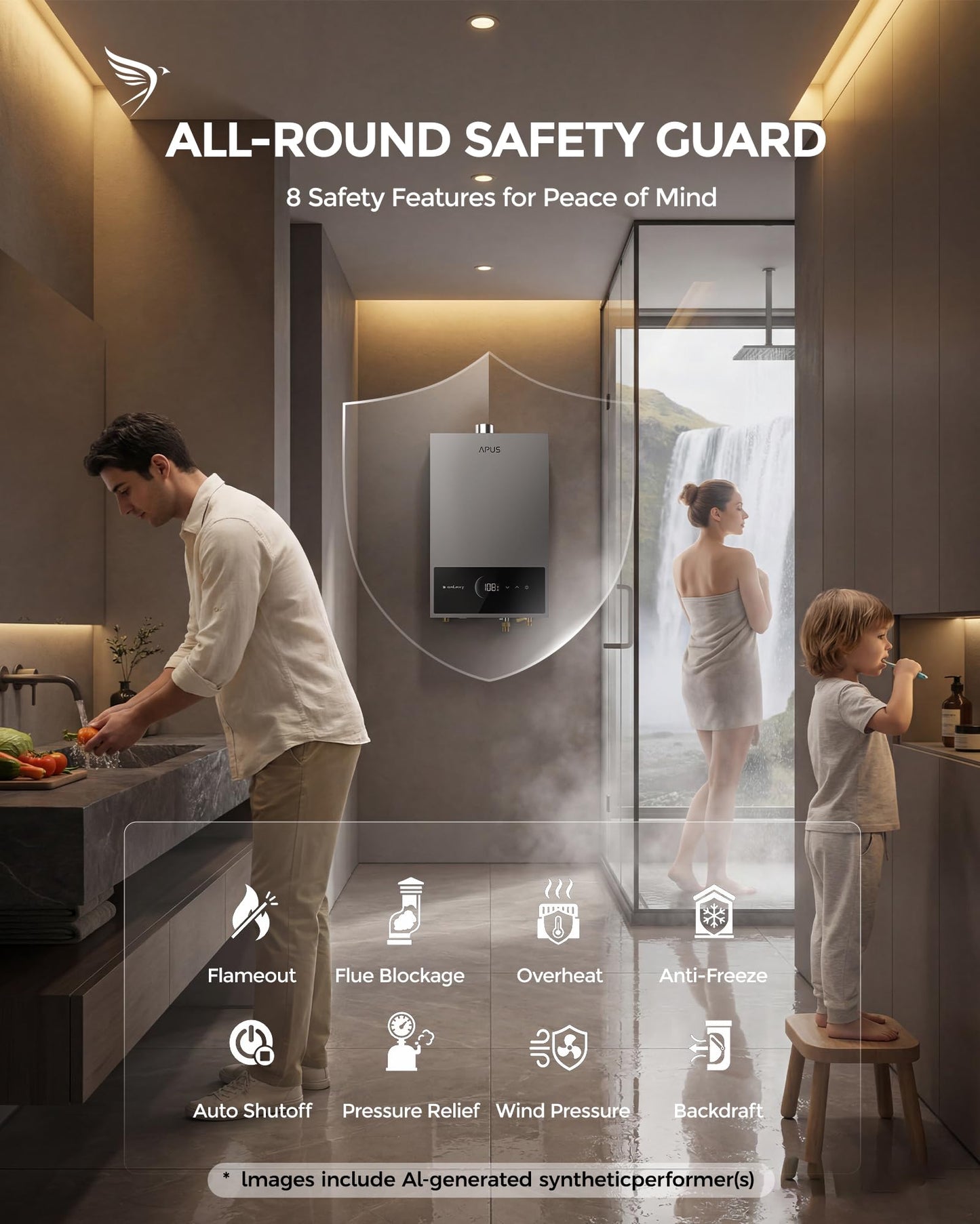 APUS Tankless Water Heater Propane Gas, Up to 5.43 GPM, Indoor Hot Water Heater, 120,000 BTU on Demand Instant Hot Water Heaters with Smart Digital Display, Space Gray