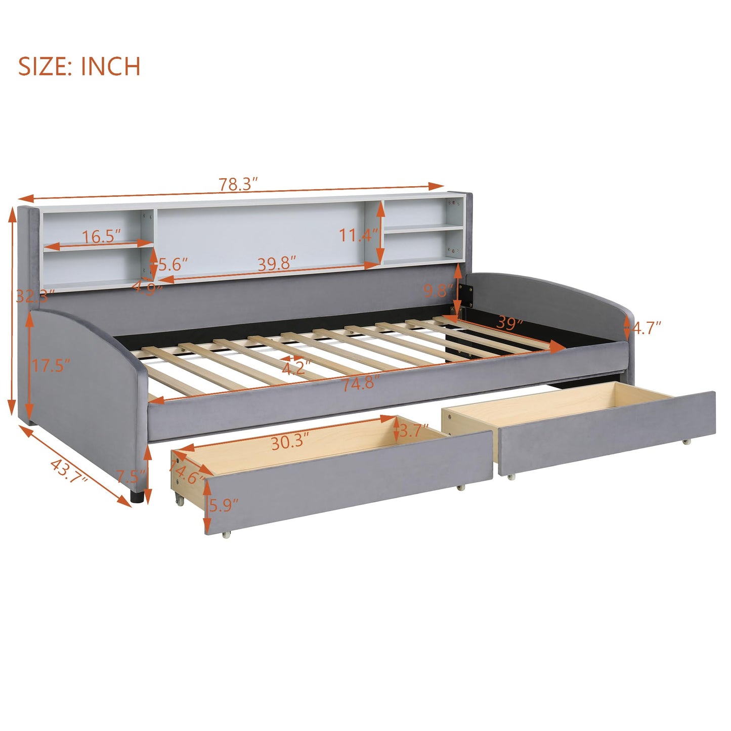 Merax Twin Size Upholstered Platform Bed with Storage and Drawers, Gray