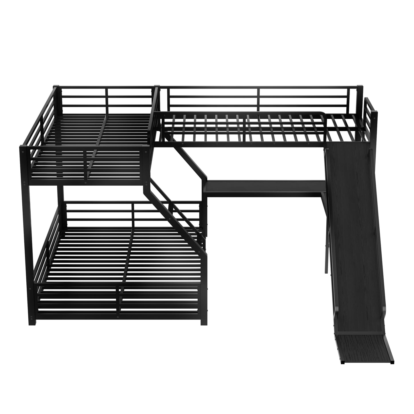 Metal Twin XL Over Queen Bunk Beds with Twin Loft Beds, Heavy Duty Triple Bunk Bed Frame with Slide and Desk,L-Shaped Triple Bunk Beds with Charging Station for 3 Kids,Black