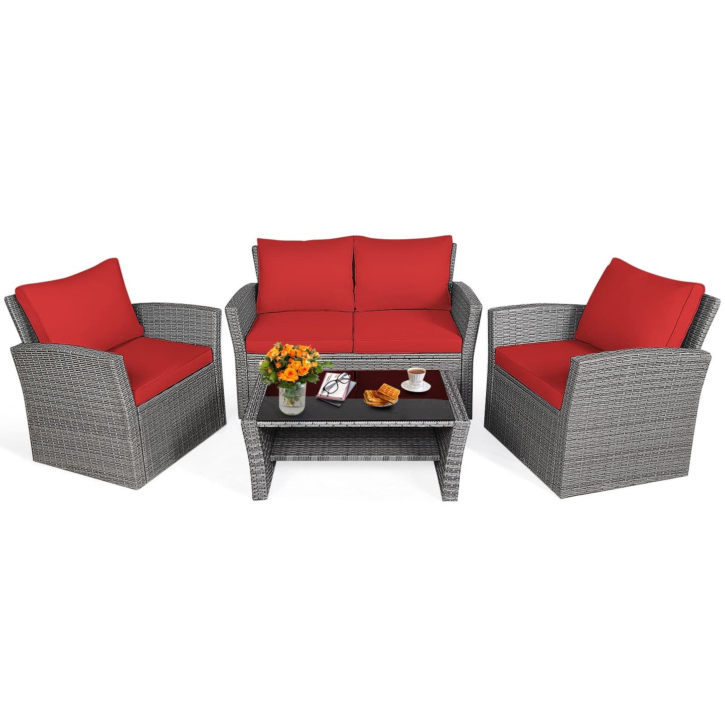 Tangkula 4 Pieces Patio Furniture Set, All Weather Outdoor Sectional Rattan Sofa Set with Cushions & Tempered Glass Table, Wicker Conversation Couch Set for Backyard Garden Poolside