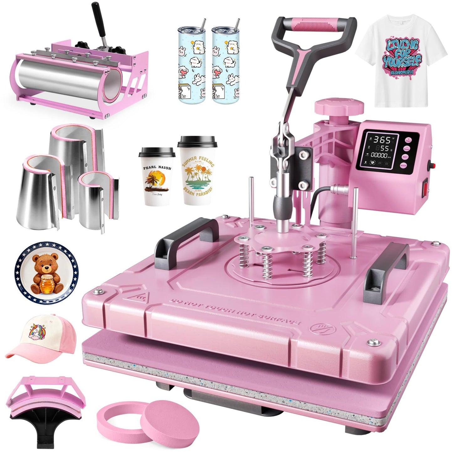 Seeutek 8 in 1 Heat Press Machine 15x15 Inch, Swing Away Digital Sublimation Heat Transfer Press with 20oz & 30oz Tumbler Attachments for T-Shirts, Mugs, Hats & Plates, Pink