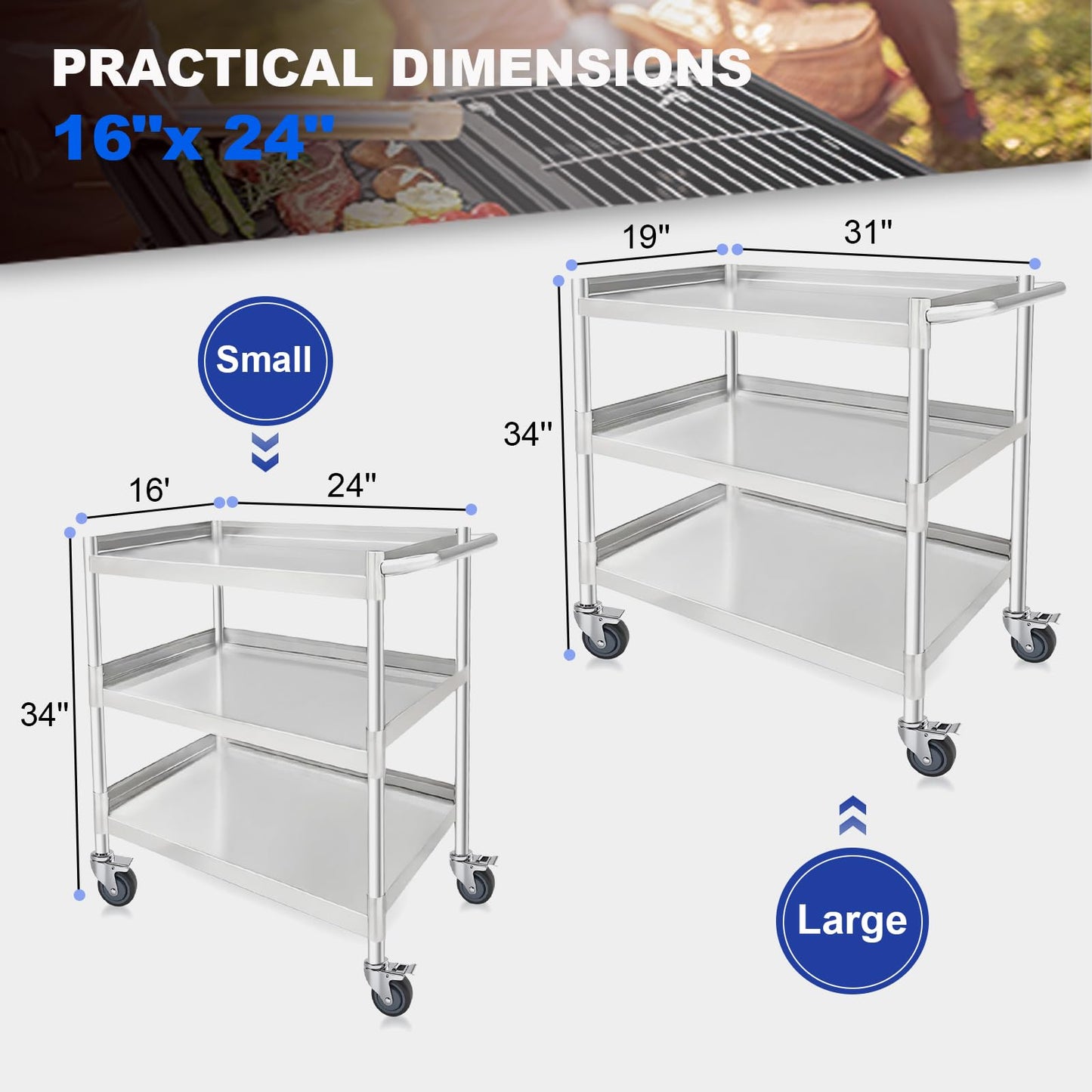 Hutioai 3-Shelf Stainless Steel Rolling Utility Cart - Heavy-Duty Metal Mobile Storage with Handle & Locking Wheels - Ideal for Kitchen, Medical, Lab, Restaurant & Home Use (16''x24''x34'')