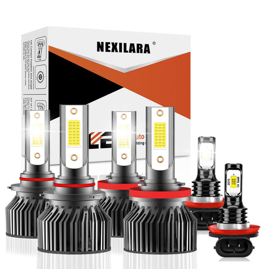 NEXILARA HB3/9005 High Beam & H11/H8/H9 Low Beam & Fog Light Bulbs Combo, 600% Brightness, 6500K White, Aluminum,
