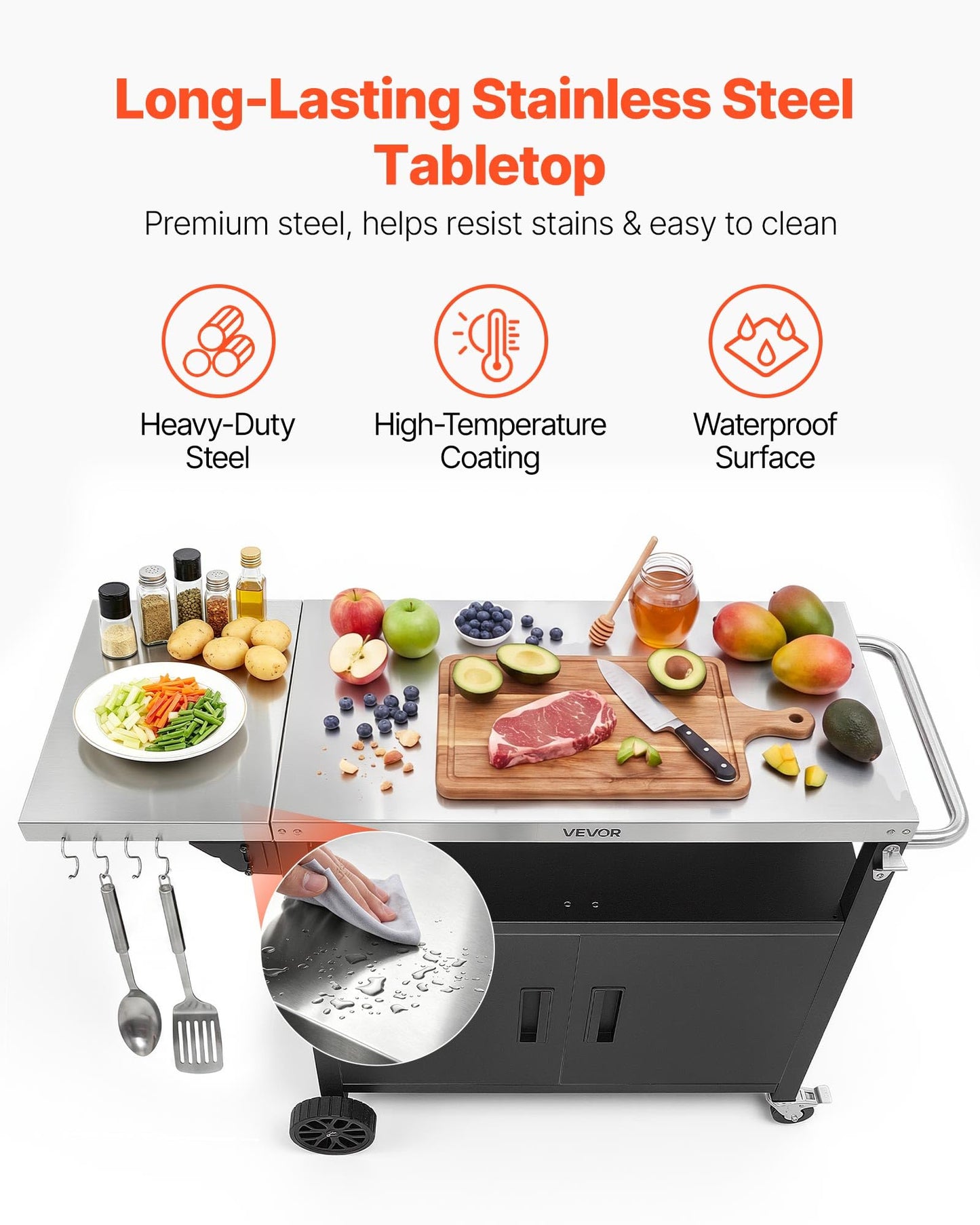 VEVOR Outdoor Grill Cart with Storage Cabinet, 48.9 Inch Grill Table, Waterproof Kitchen Island with Stainless Steel Top, Shelf, and Wheels, Movable Food Prep Station for Patio Bar Backyard BBQ