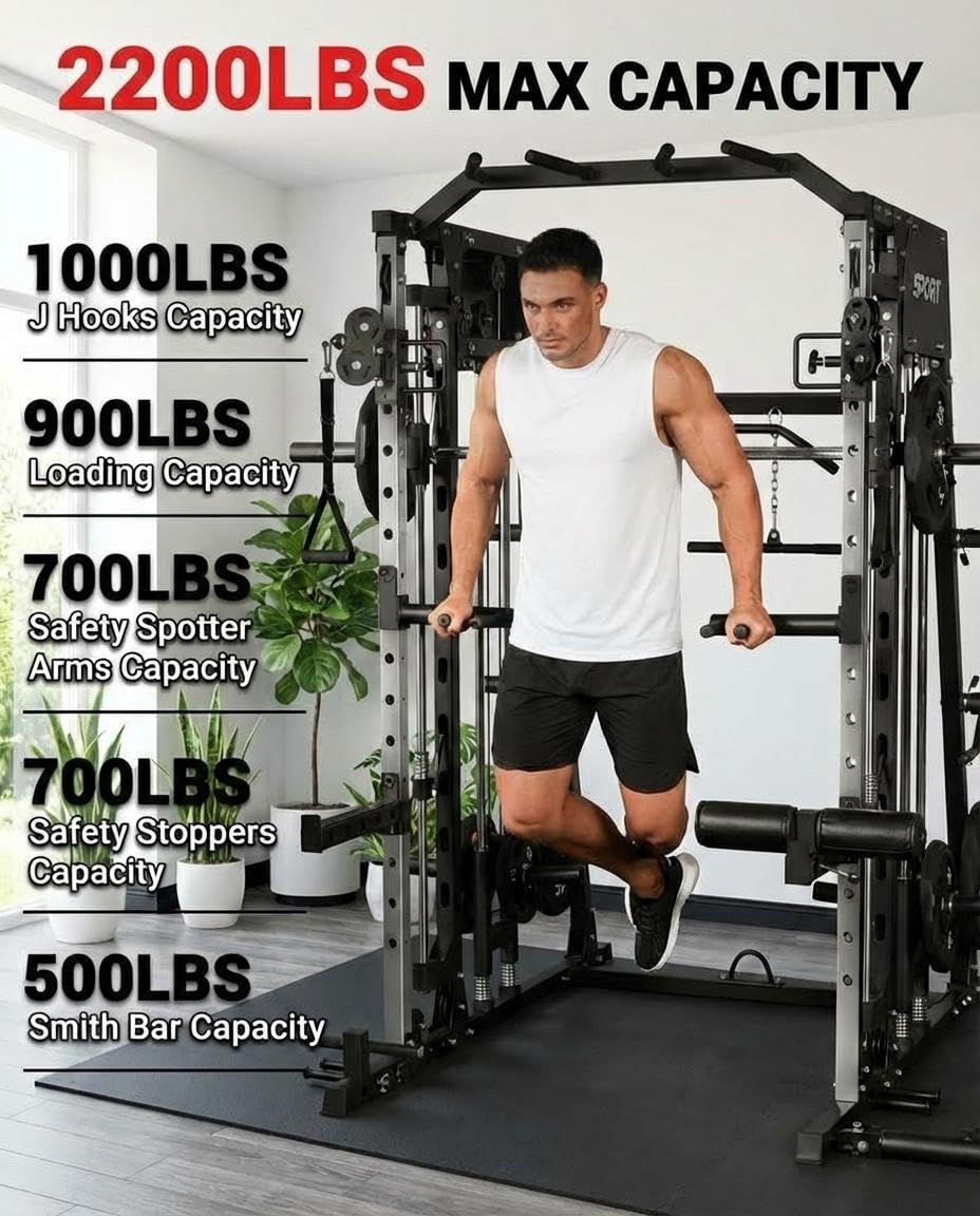 Smith Machine Home Gym All-in-1, 2200LBS Power Cage with Dual Cable Pulley Systems, LAT Pull-Down & Leg Hold-Down | Complete Strength Training Equipment for Full Body Workouts