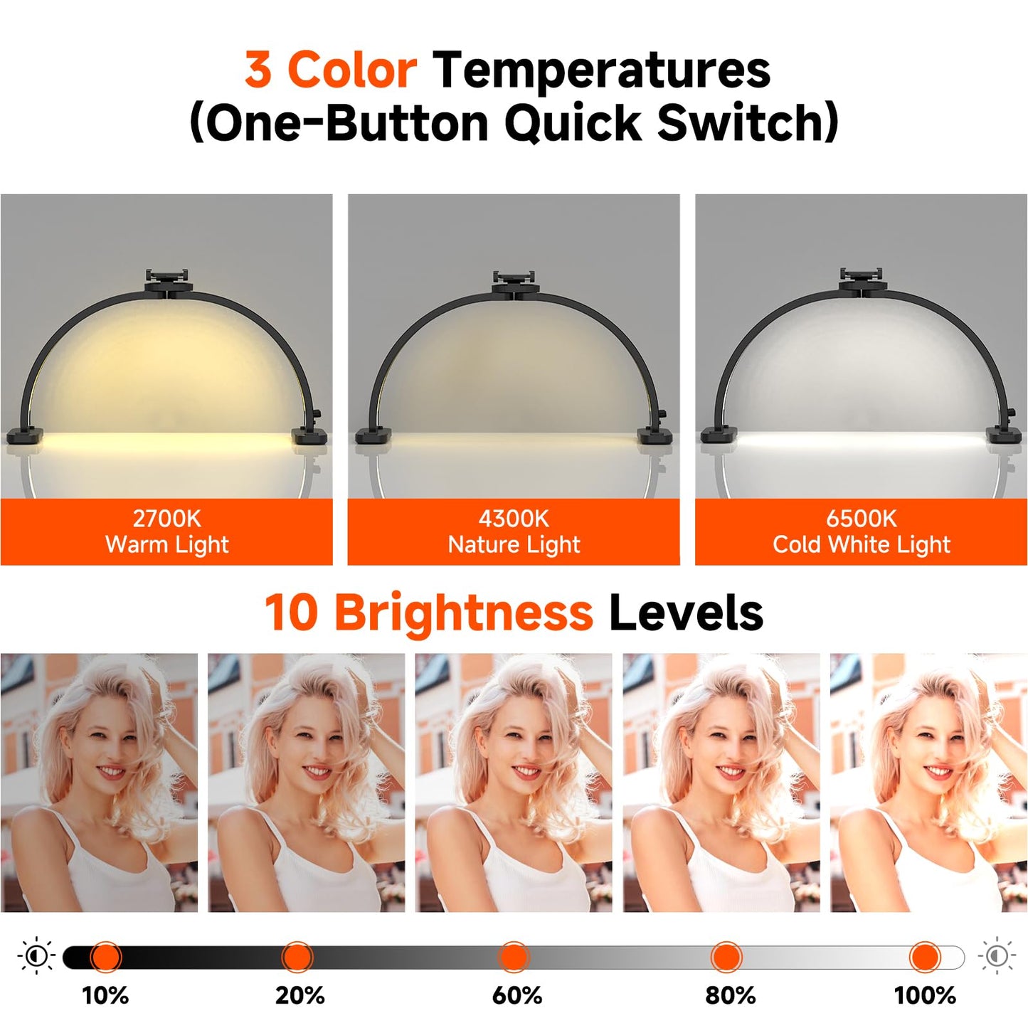 Welinspift 45W Half Moon LED Arch Lamp with Phone Holder, 3000K-6500K Dimming, White, Model ML-800A