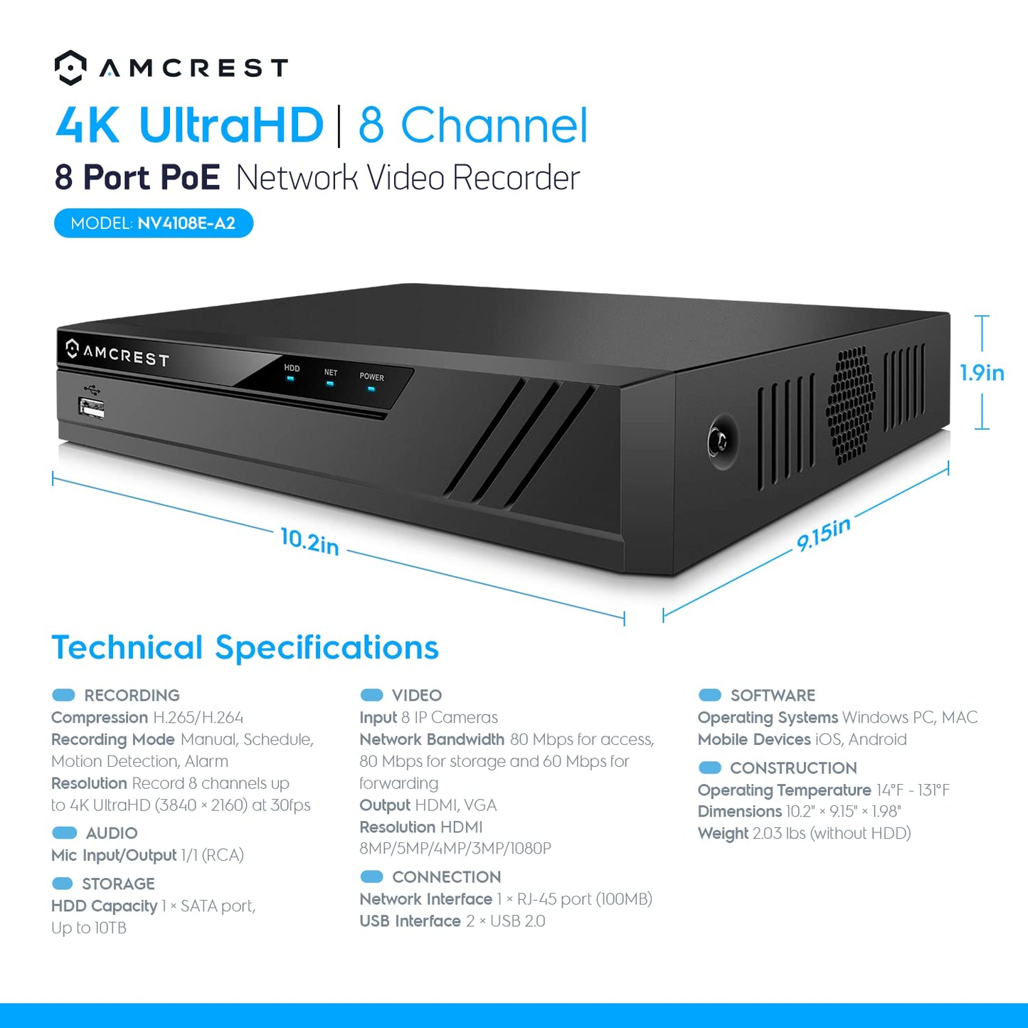 Amcrest 5MP POE Security Camera System Outdoor, 8CH POE NVR, 4pcs 5MP Turret Cameras, IP67 Metal Turret IP Cameras, Built in Mic, Pre-Installed 2TB Hard Drive, NV4108E-IP5M-T1179EW4-2TB