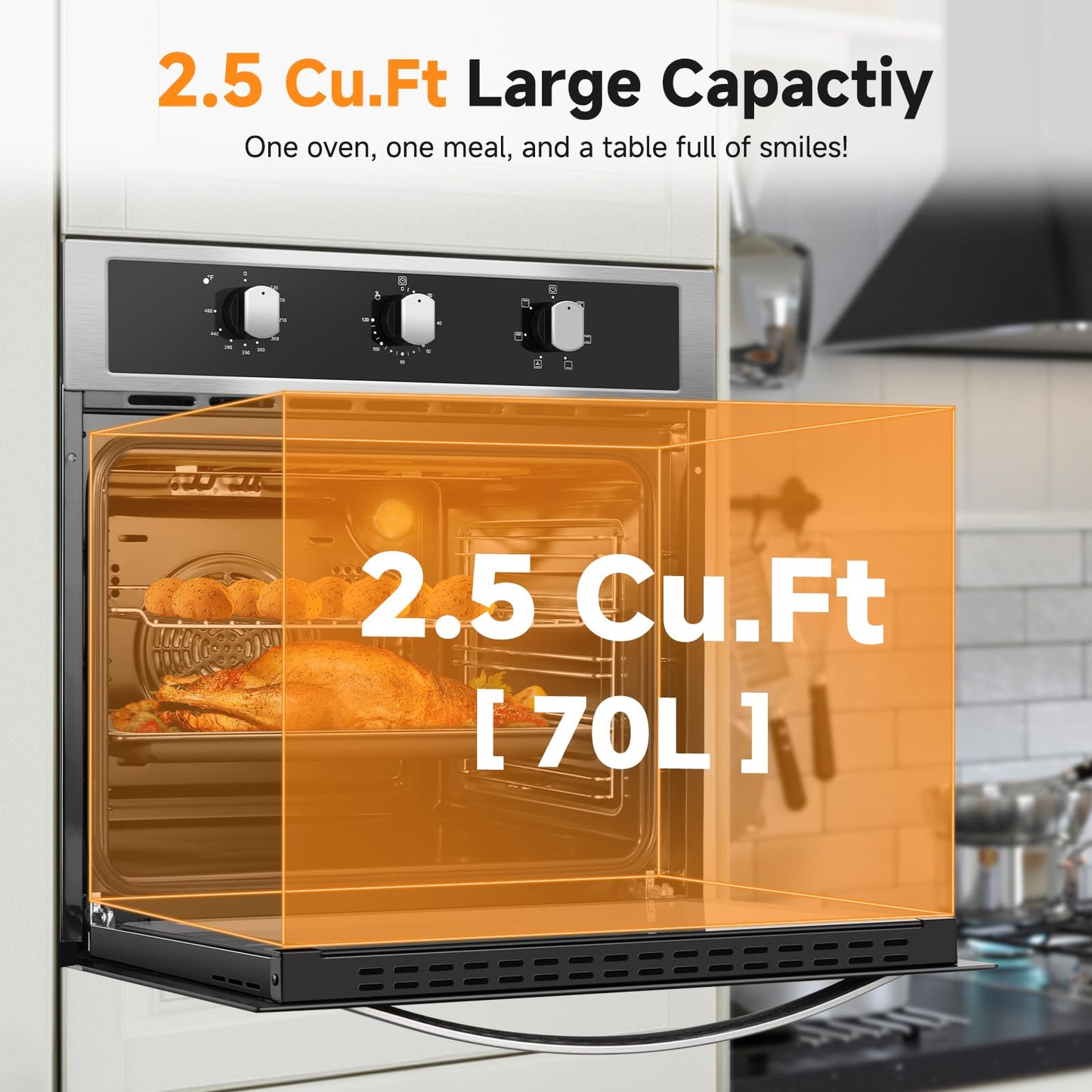 24" Single Wall Oven for Kitchen: 2200W Built-in Electric Wall Oven with Mechanical Knobs Control, 2.5 Cu.ft. Stainless Steel Wall Oven with 6 Cooking Modes, Convection Oven, Timer