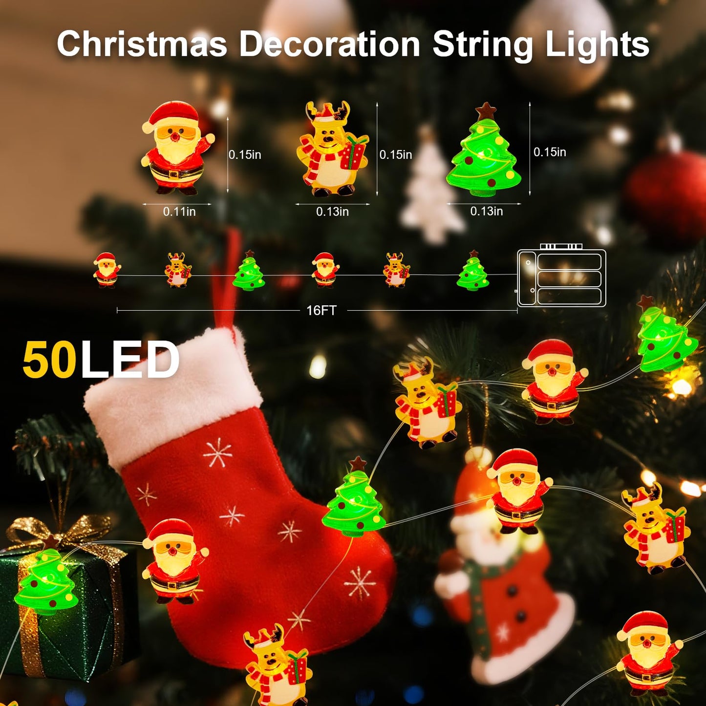 Aogist Christmas String Lights, 50 LED, 16ft, Warm White, Battery Powered, Indoor/Outdoor Holiday Decoration, Model E01