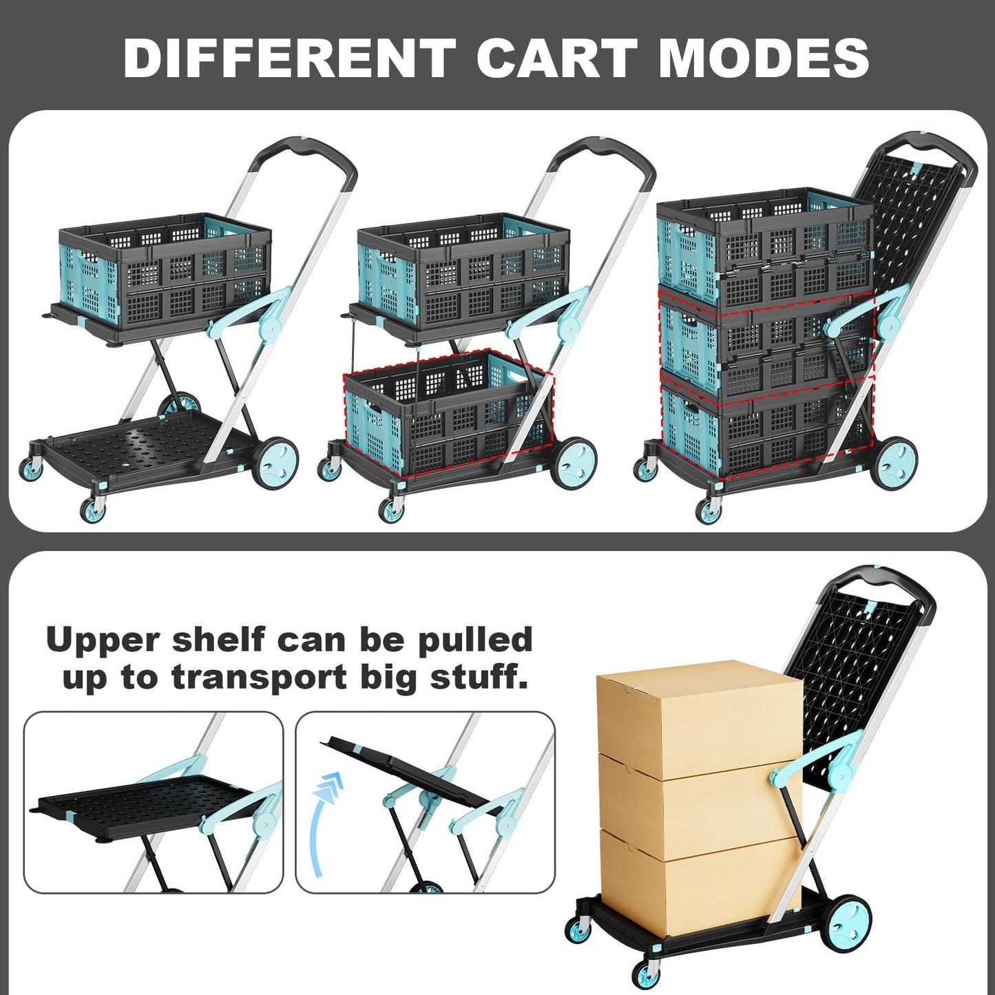 Foldable Shopping Cart, 200 lbs Capacity Grocery Cart on Wheels with Two Collapsible Crate Heavy Duty Collapsible Carts with Foot Brake for Groceries, Office, Warehouse and Supermarket