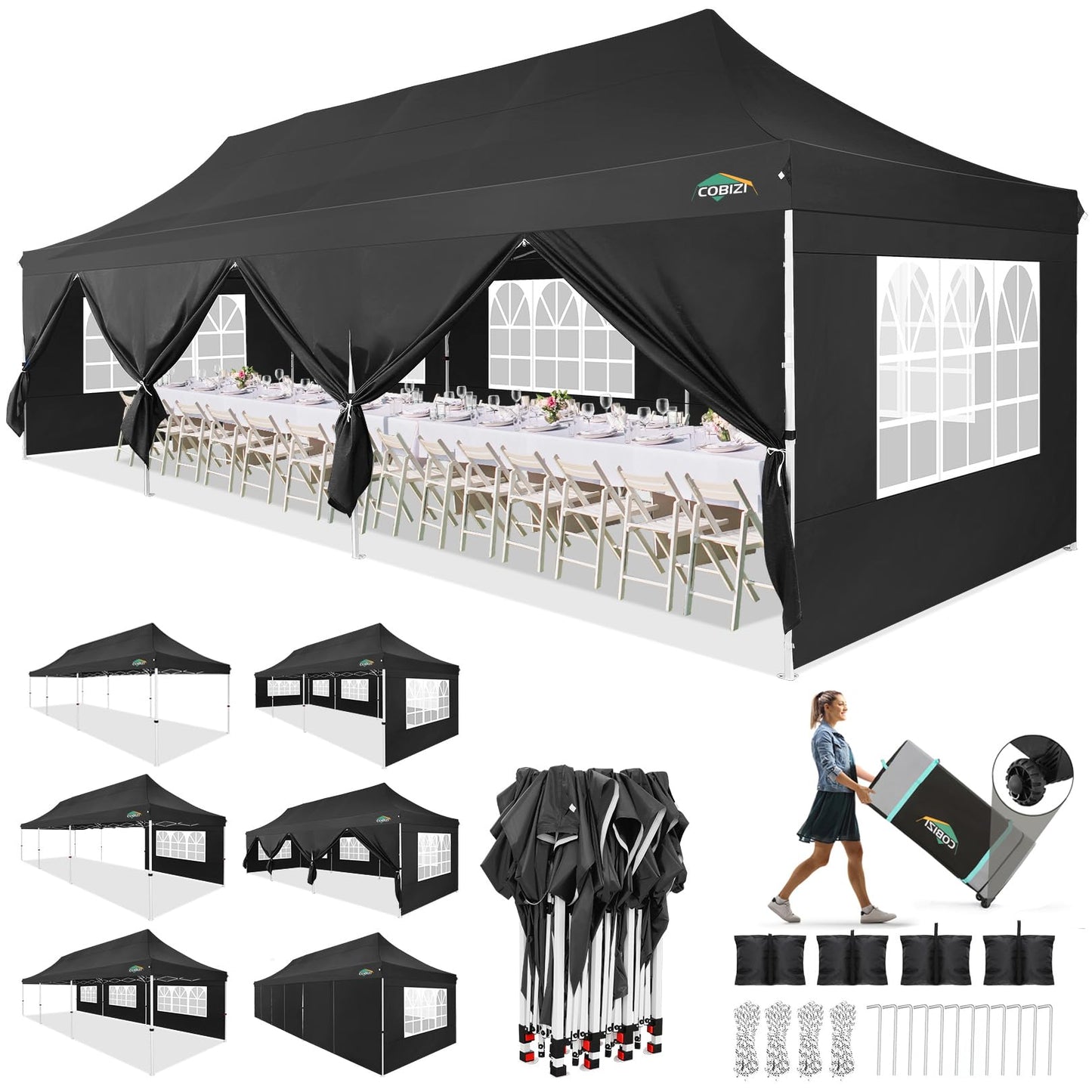 COBIZI 10x30 Pop up Canopy with Roller Bag & 8 Removable Sidewalls, Canopy Tent for Parties, Wedding, and Commercials, Waterproof and Instant Shelter UV50+ Outdoor Gazebo with 4 Sandbags(Pure Black)