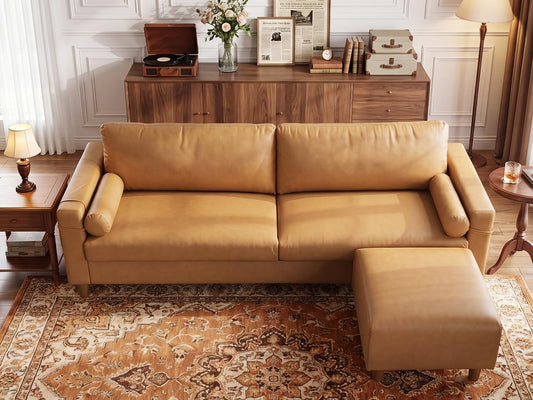 Vesgantti 100" Faux Leather Sofa with Movable Ottoman, L Shaped Wide Seating PU Leather Couch with Side Pocket, Comfy Mid Century Modern Modular Sectional Sofa for Living Room, Apartment, Cognac Tan