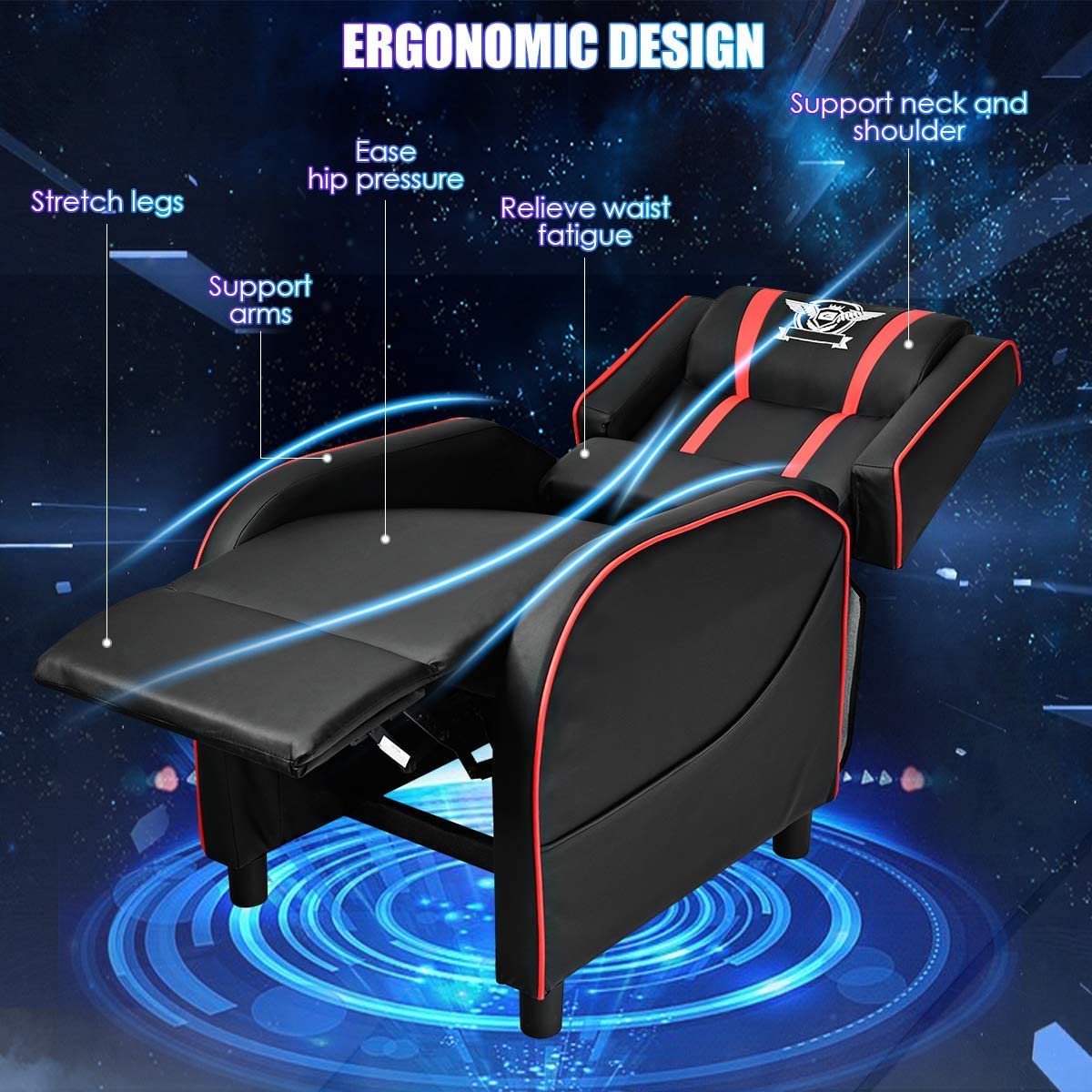 BUSHLY Adjustable Gaming Recliner Chair, Racing Style Massage Single Sofa with Headrest & Lumbar Pillow, PU Leather Video Recliner for Home, Movie Theater, Living Room, Game Room (Red)