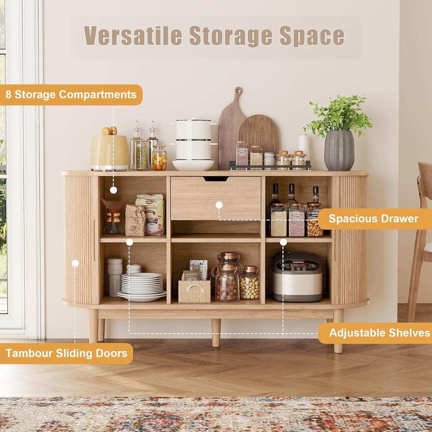 LINSY Home 55" Sideboard Buffet Cabinet,Tambour Sliding Doors & Drawer