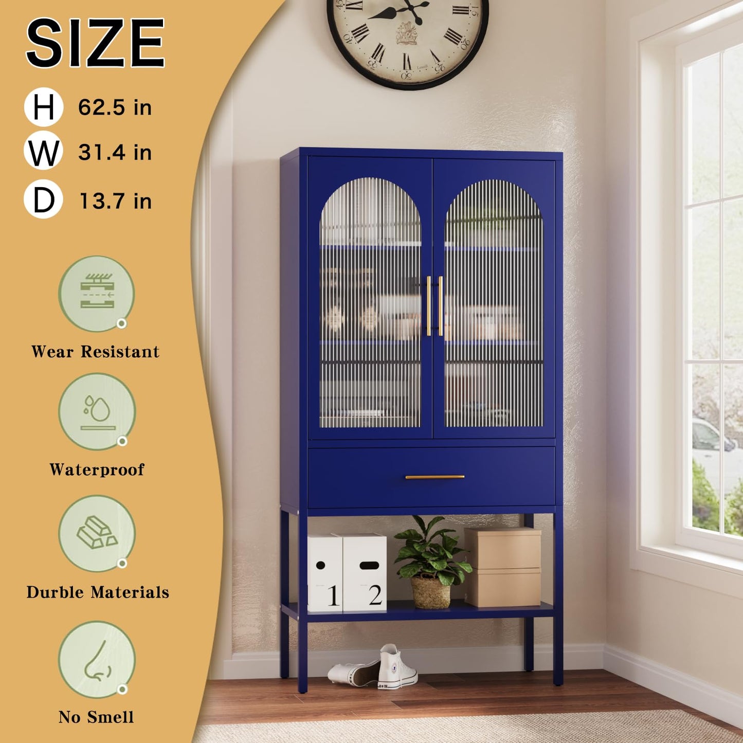 ALBAD 63 Inch Tall Metal Pantry/Display/Storage Cabinet with Fluted Glass Doors and Drawer & Adjustable Shelf for Modern Home Office Living Room Kitchen Blue