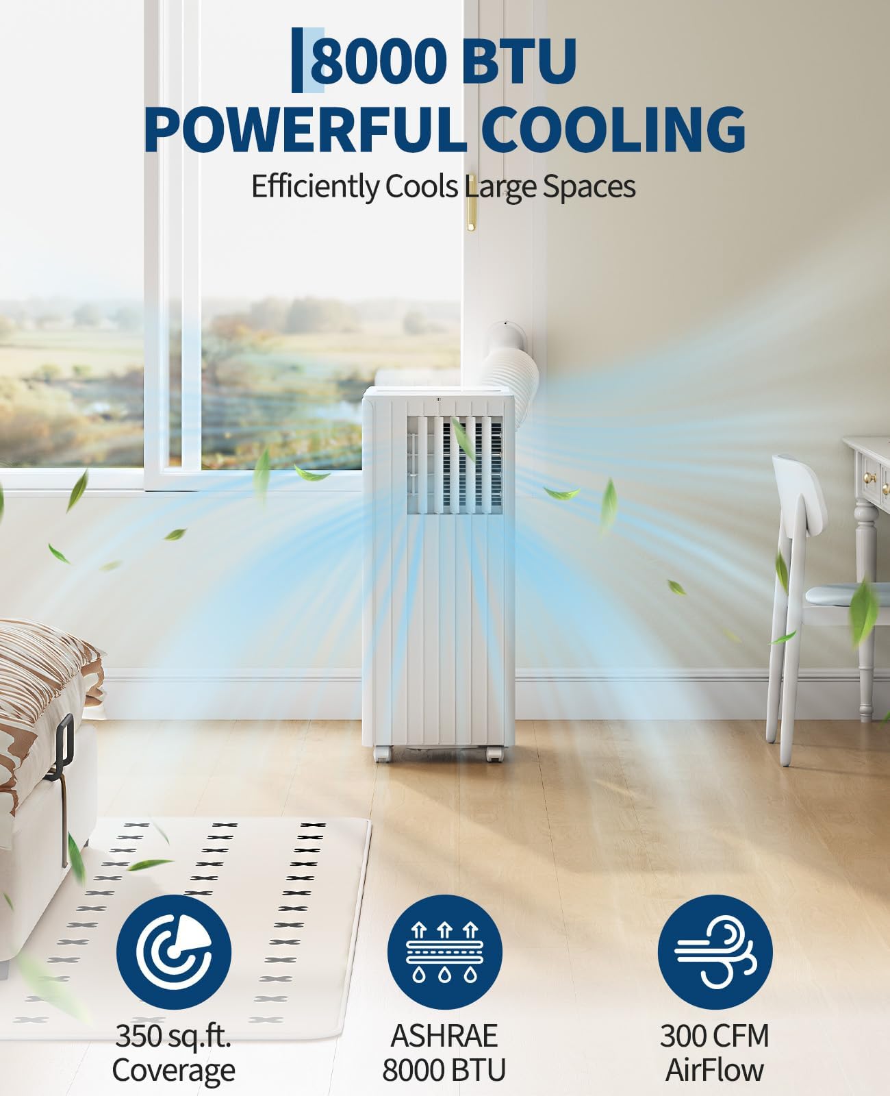 8000 BTU Portable Air Conditioners, Cools Up to 350 Sq. Ft, 4-in-1 Portable AC Unit for Rooms with Remote Control, Quiet Operation, 24H Timer, Window Installation Kit for Home Office