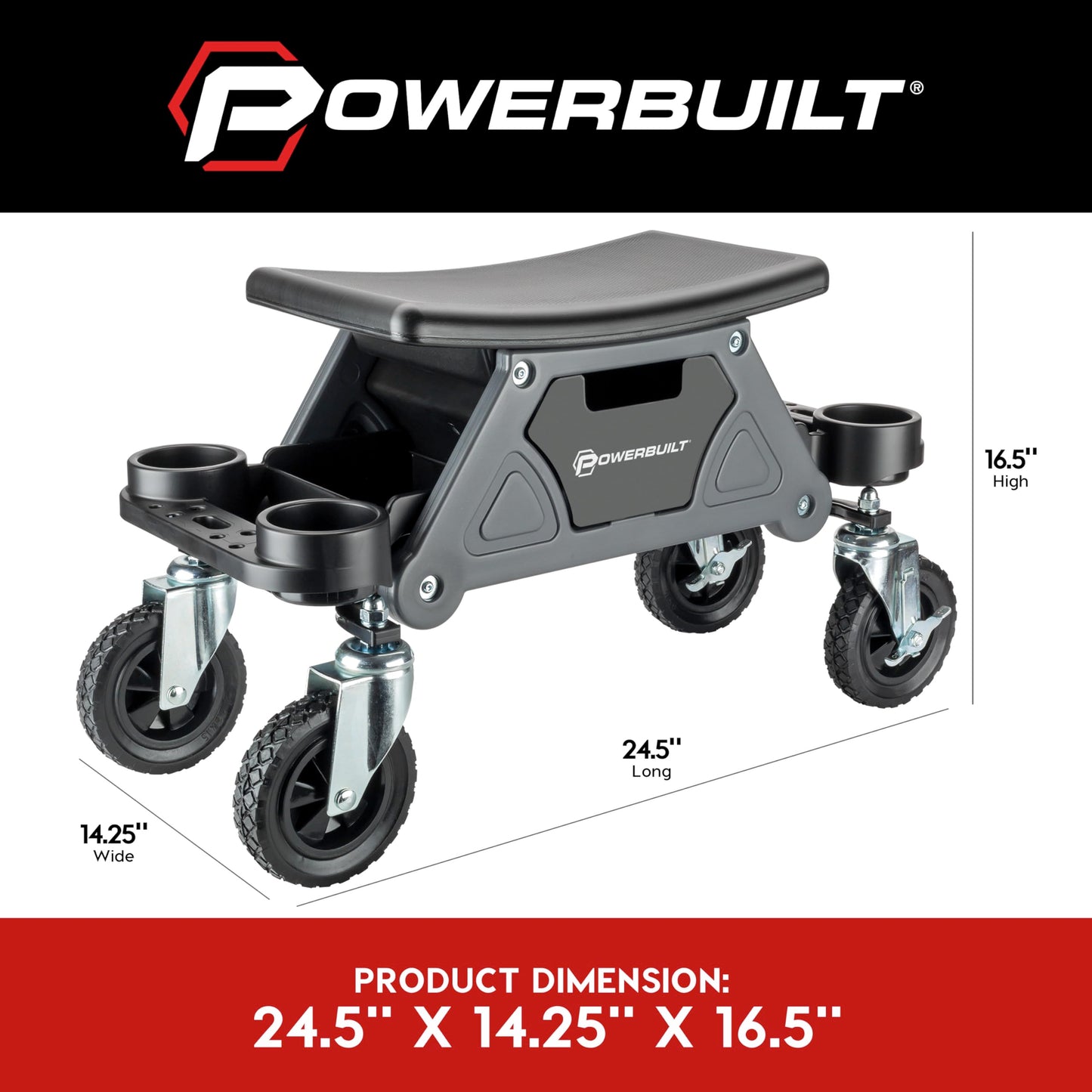 Powerbuilt Big Wheel Rolling Seat, Off-Road Series, Locked in Tool Trays, Heavy-Duty Wheels for Gravel and Rocks - Grey 642965ECE