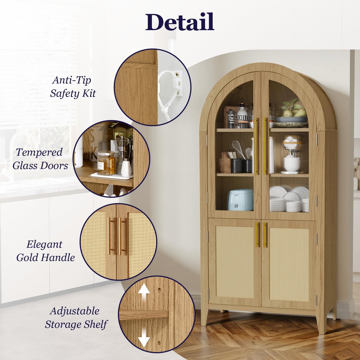 TRUNBACK 63" Tall Arched Cabinet with Glass Doors, Kitchen Pantry Storage Cabinet with Dust-Proof Rattan, 5-Tier Curio China Cabinet with Adjustable Shelves for Living Room Dining Room, Oak