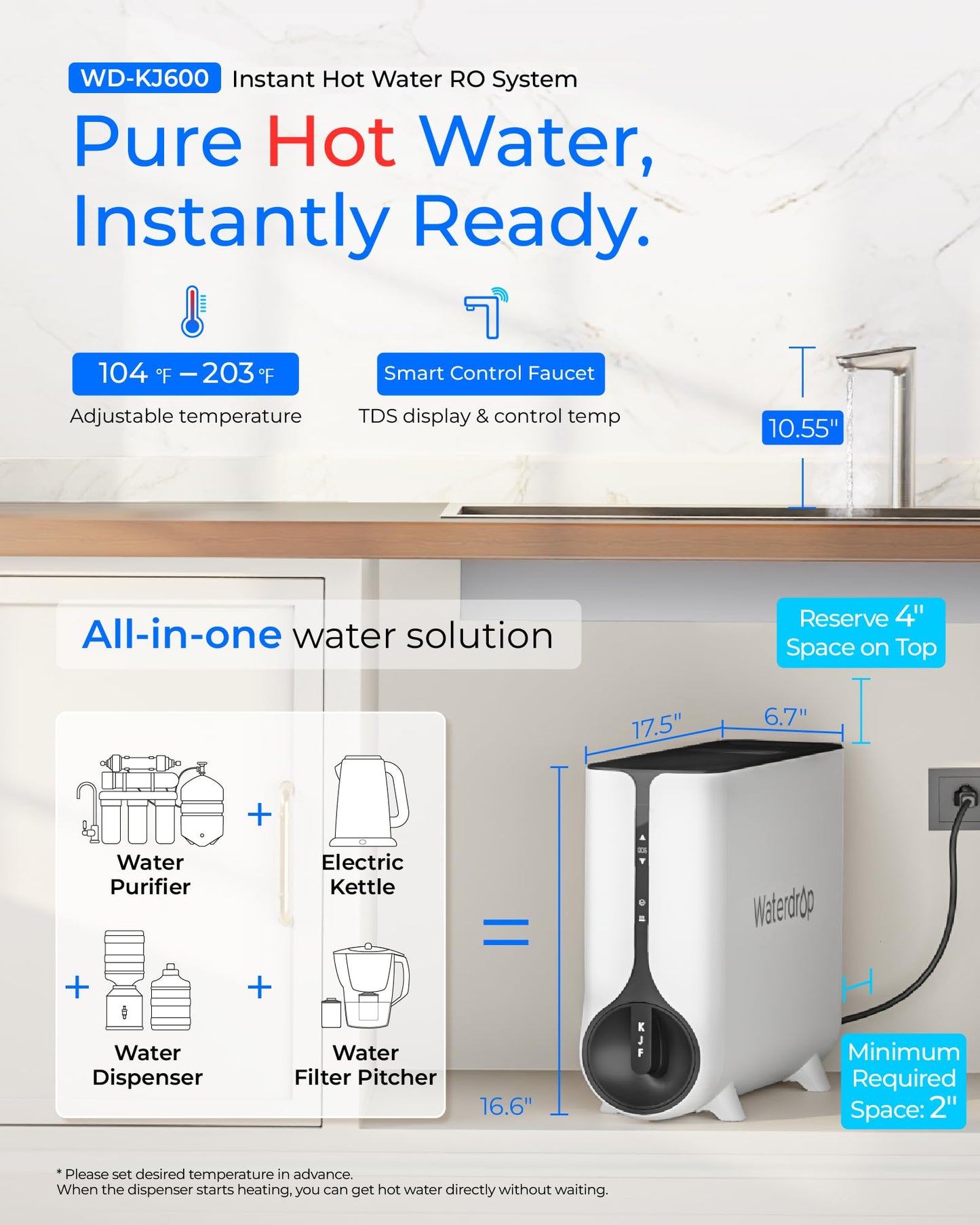 Waterdrop KJ600 Reverse Osmosis System, Instant Hot Water Dispenser, 600 GPD, Reduce PFAS, Tankless, 2:1 Pure to Drain, Under Sink, TDS Reduction, Smart Faucet, Hot and Cold Water Dispenser Faucet